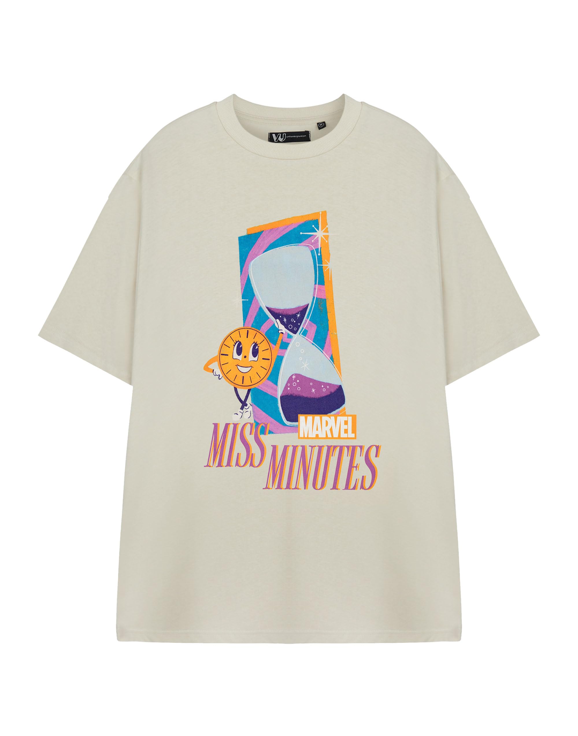 Marvel Miss Minutes Light Beige Graphic Tee | Women's Crew Neck Short Sleeve T-Shirt | Classic Casual Wear for Everyday | Television Series Character Apparel