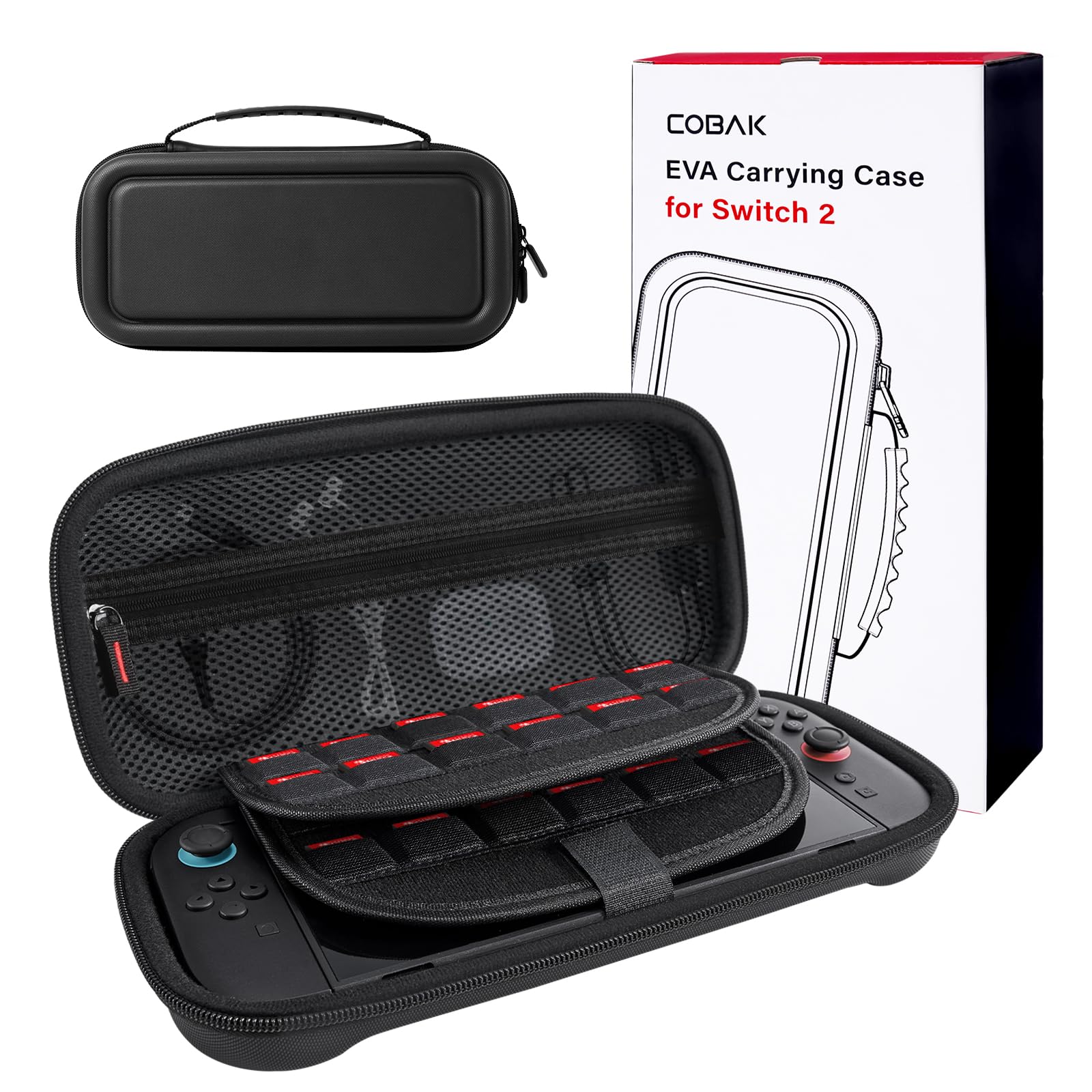 CoBak Tragetasche mit großem Fassungsvermögen für Nintendo Switch 2 (2025) – 3-in-1 Zubehörset mit 2 schutzglas, 2 Daumengriff, und 1 tragbaren Hartschalen-Reiseetui Aufbewahrung, Schwarz