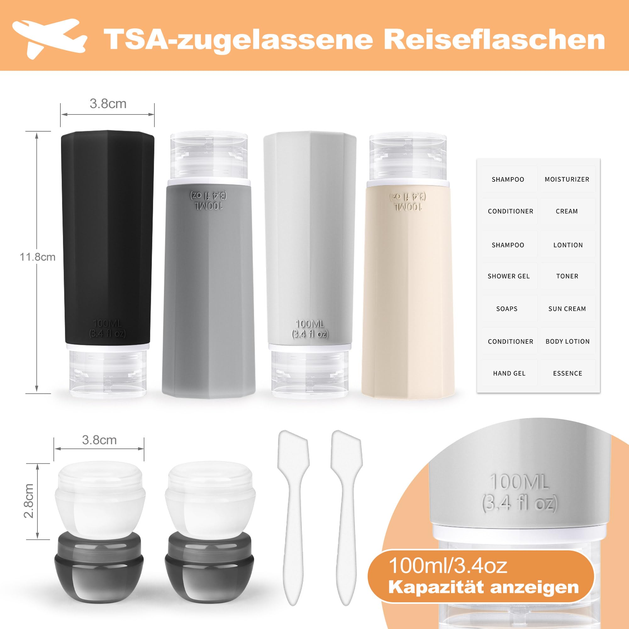 Opret Zestaw 12 silikonowych butelek podróżnych, 100 ml, do napełniania kosmetykami w płynie, szczelne, do wielokrotnego napełniania, puste butelki podróżne, pojemniki podróżne
