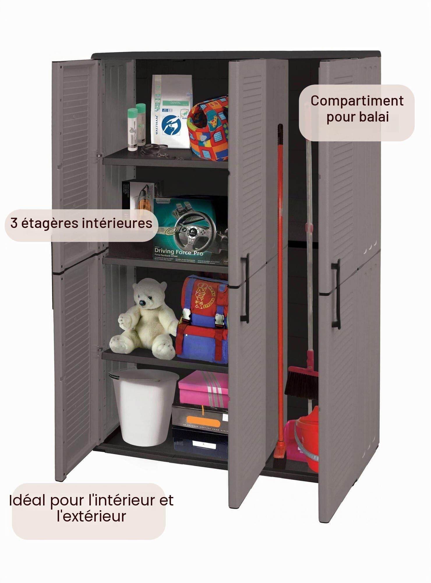 Dmora Bilzen Armoire d'extérieur 37 x 102 x 163h cm Gris 3 étagères 3 Portes, Meuble de Jardin 4 Compartiments, fabriquée en Italie