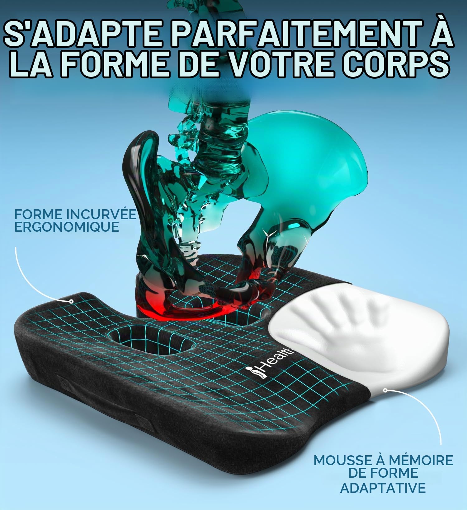 Healthfix® Coussin de siège Voiture – Coussin d’Assise Ergonomique en Mousse à mémoire de Forme | Soulage Coccyx & sciatique, améliore la Posture | Housse Lavable, Dessous antidérapant