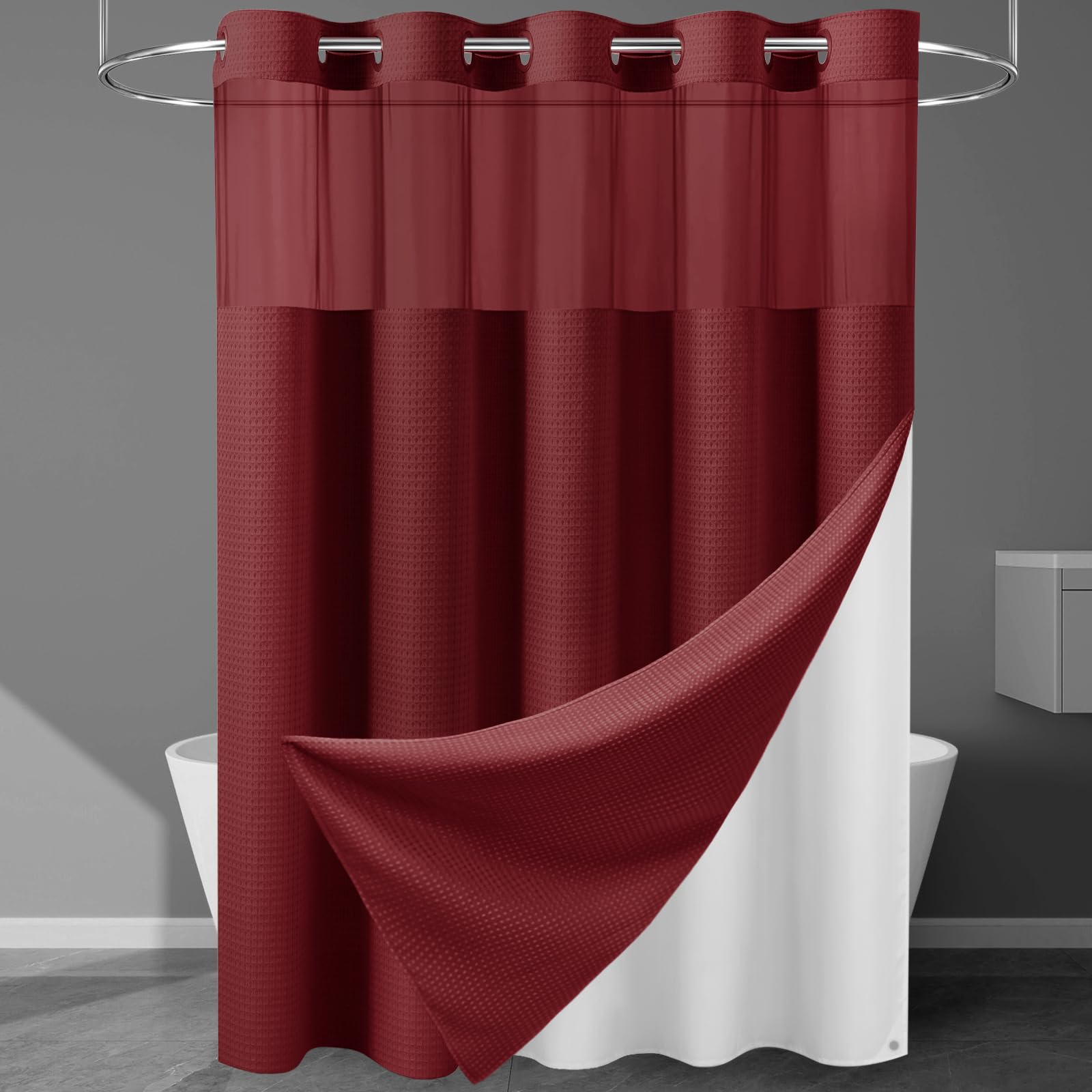 EUTXL Rideau de Douche sans Crochet avec Doublure à Clipser – 230 g/m² – Rideau de Douche à Tissage gaufré pour Salle de Bain – Bordeaux – 180 x 188 cm (l x H)