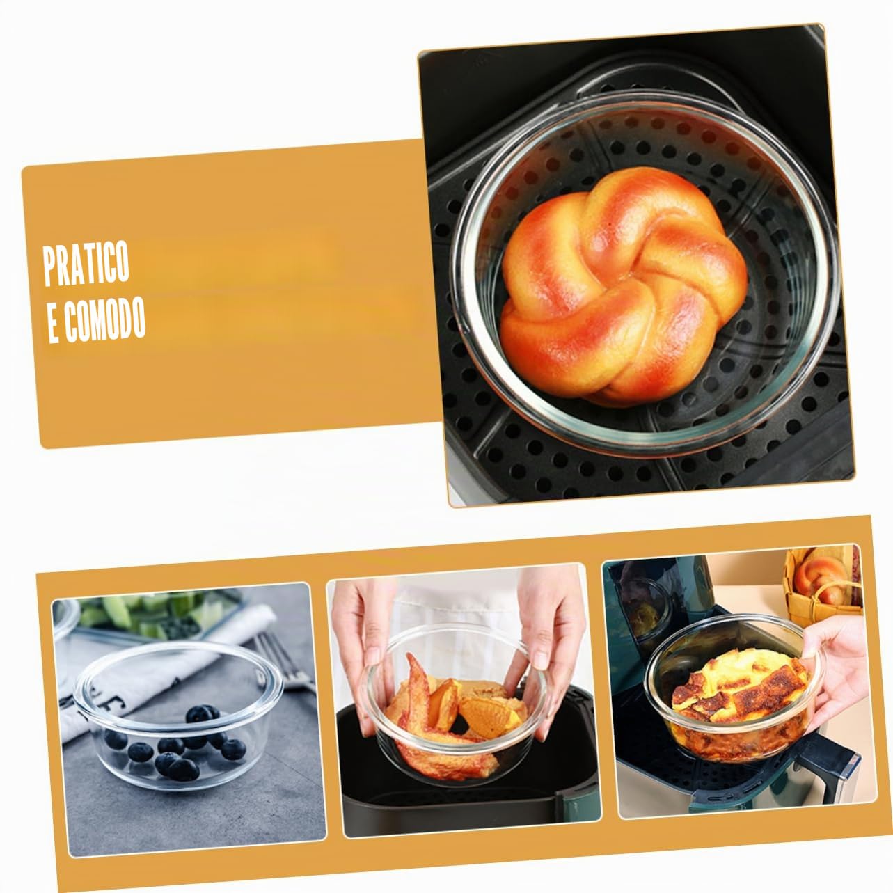 Set 2 Ciotole Vetro Temperato Per Friggitrice Ad Aria E Forno Ciotola Multiuso Alta Resistenza Al Calore 6.5"X6.5"X2.6" Per Insalata Dessert E Cottura Casa