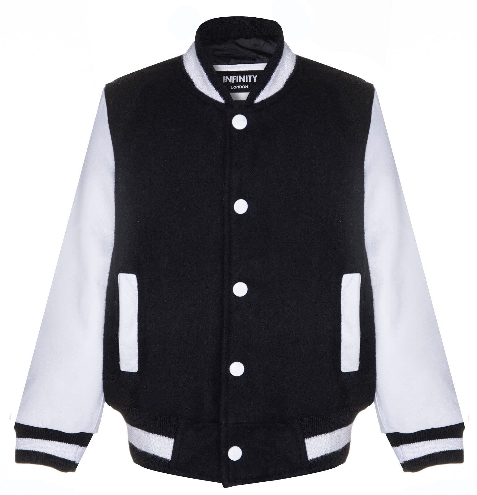 Infinity Leather Boys   Black Kids Varsity White Bomber Jacket With Real Leather Sleeves 3-13 Yrs in Size 3/4 Years, BrandAlley