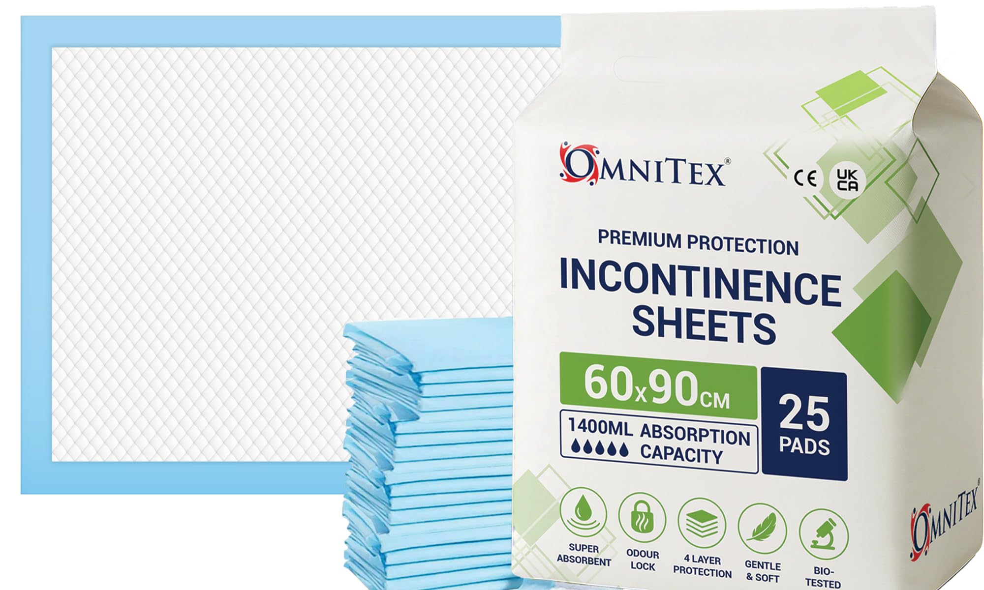 Pk of 25 Omnitex 1400ml High Absorption, 60x90cm Disposable Incontinence Bed Pads 25pk, Odour Neutralising Soft top with SAP Leak Control, Mattress Protector Sheets, Premium Absorption