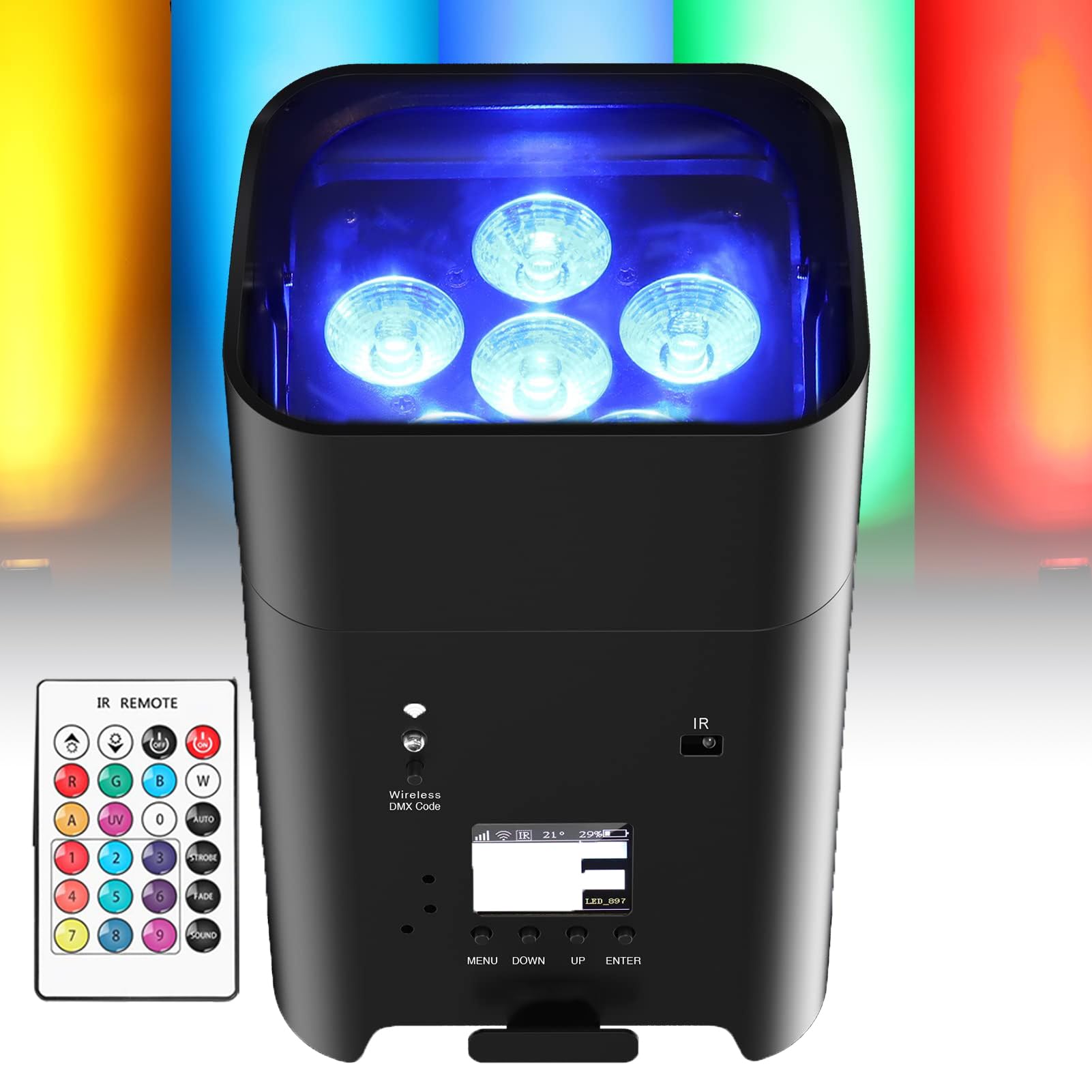 Luce par senza fili 6 x 18 W RGBWA+UV Uplighting - Luci da palcoscenico alimentate a batteria con APP, telecomando e controllo DMX, schermo LCD per DJ Live Show, matrimoni ed eventi