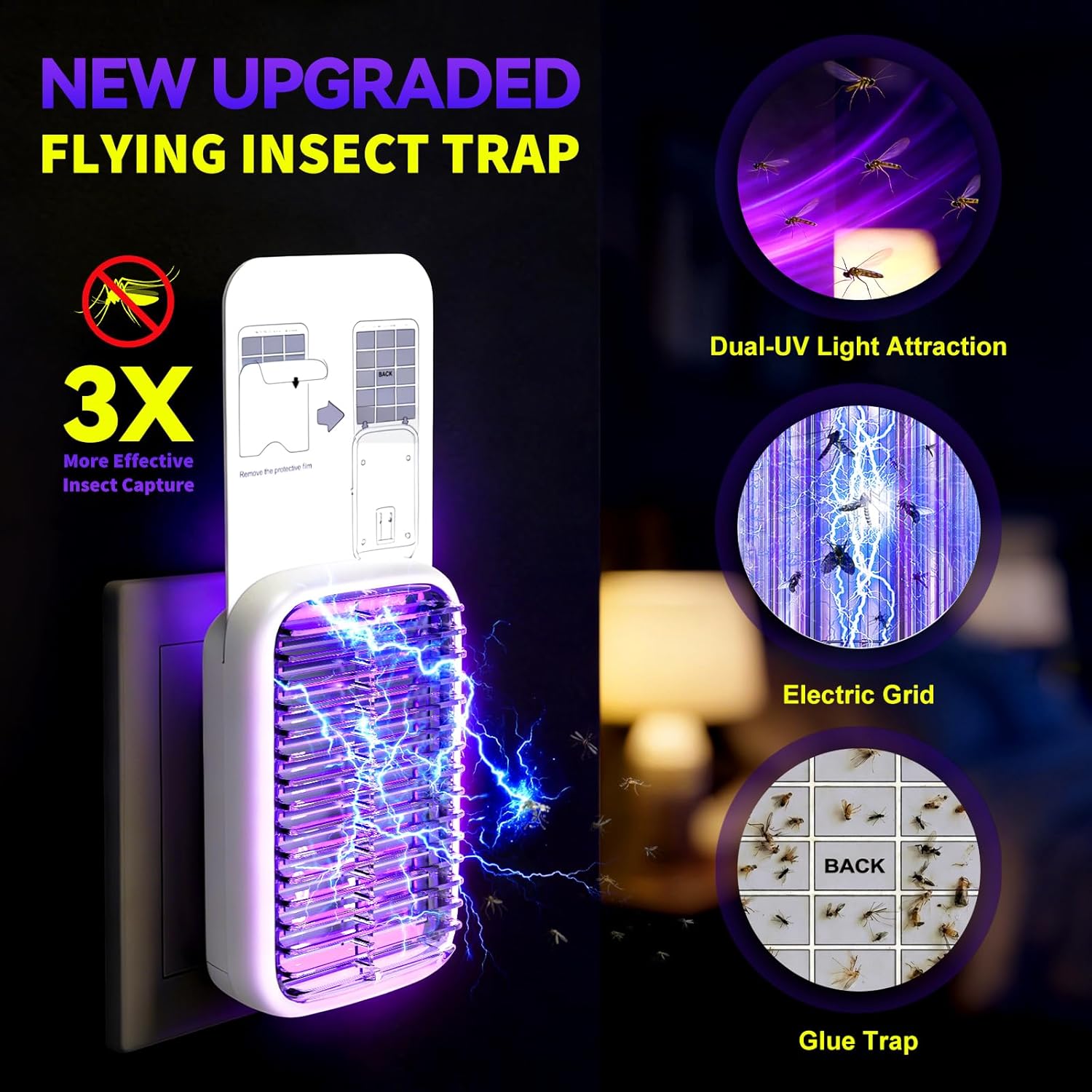 2-Pack Upgraded Fruit Fly Traps for Indoors, Flying Insect Trap for Fruit Flies, Gnats, Plug in Bug Zapper Indoor with Dual-UV Lights & Trapping, Electric Grid & Glue Traps(2 Device & 10 Glue Boards)