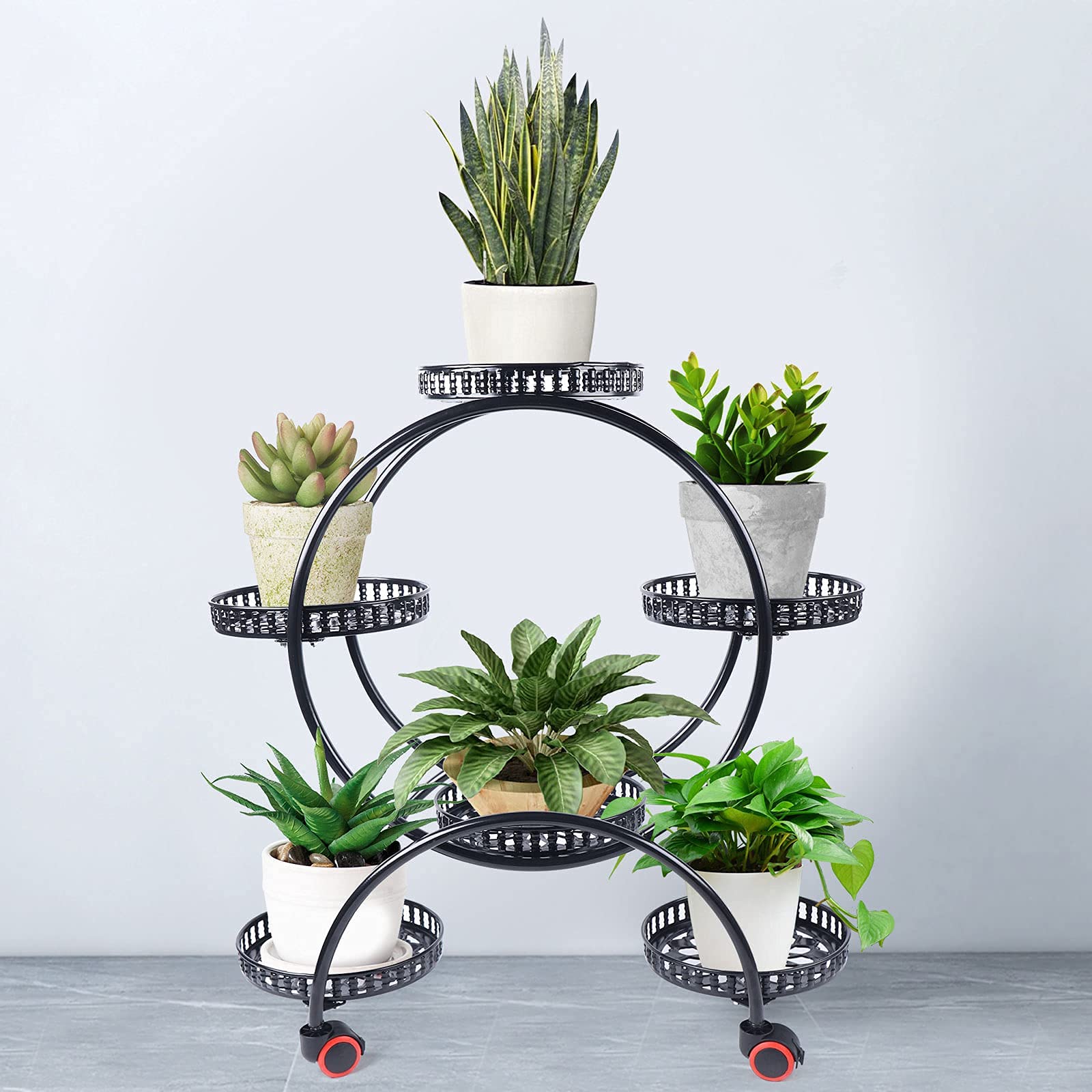 6 Pots Metal Plant Stands Flower Stand With Wheels for Balcony Living Room Patio Garden Bedroom