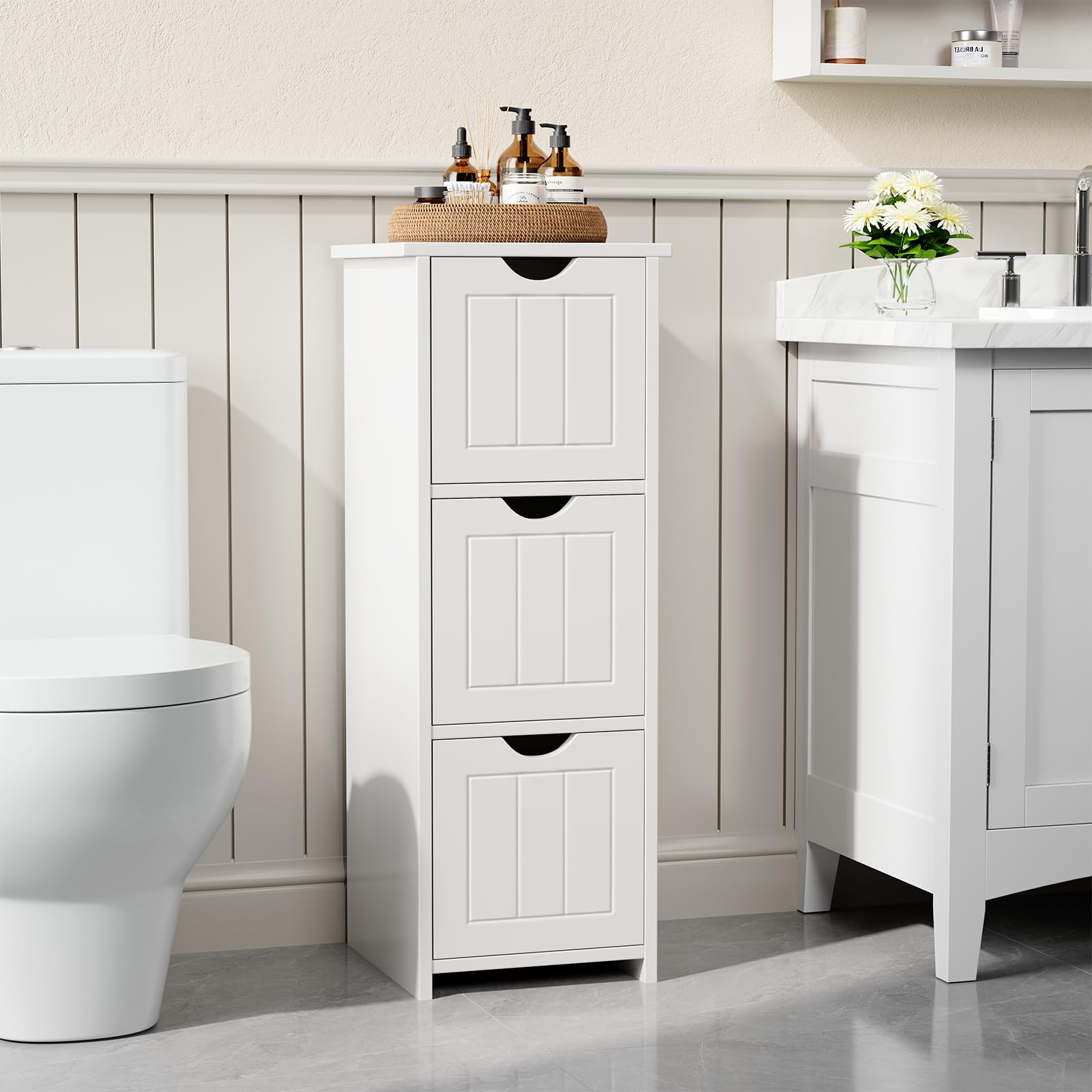 Sweetcrispy Mueble de baño Estrecho 32 x 30 x 81 cm, Moderno, Armario de baño con 3 cajones, Color Blanco Brillante, Estrecho con Gran Espacio de Almacenamiento, Mueble de baño