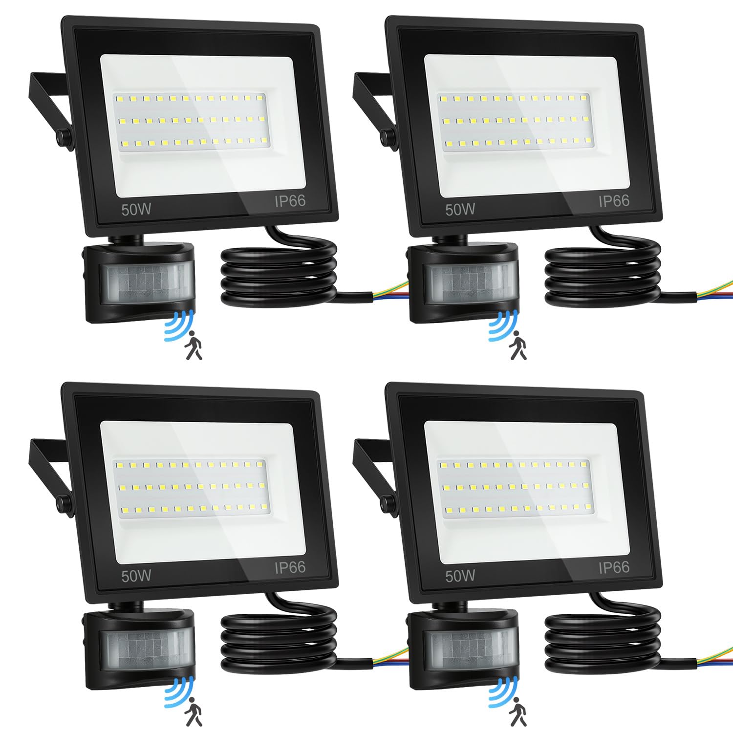 LED Strahler IP66 Wasserdicht mit Bewegungsmelder – 4 Stücke 4000LM 6000K Kaltweiß Superhell, Innen/Außen Scheinwerfer für Sportplatz & Garage (kein Stecker)