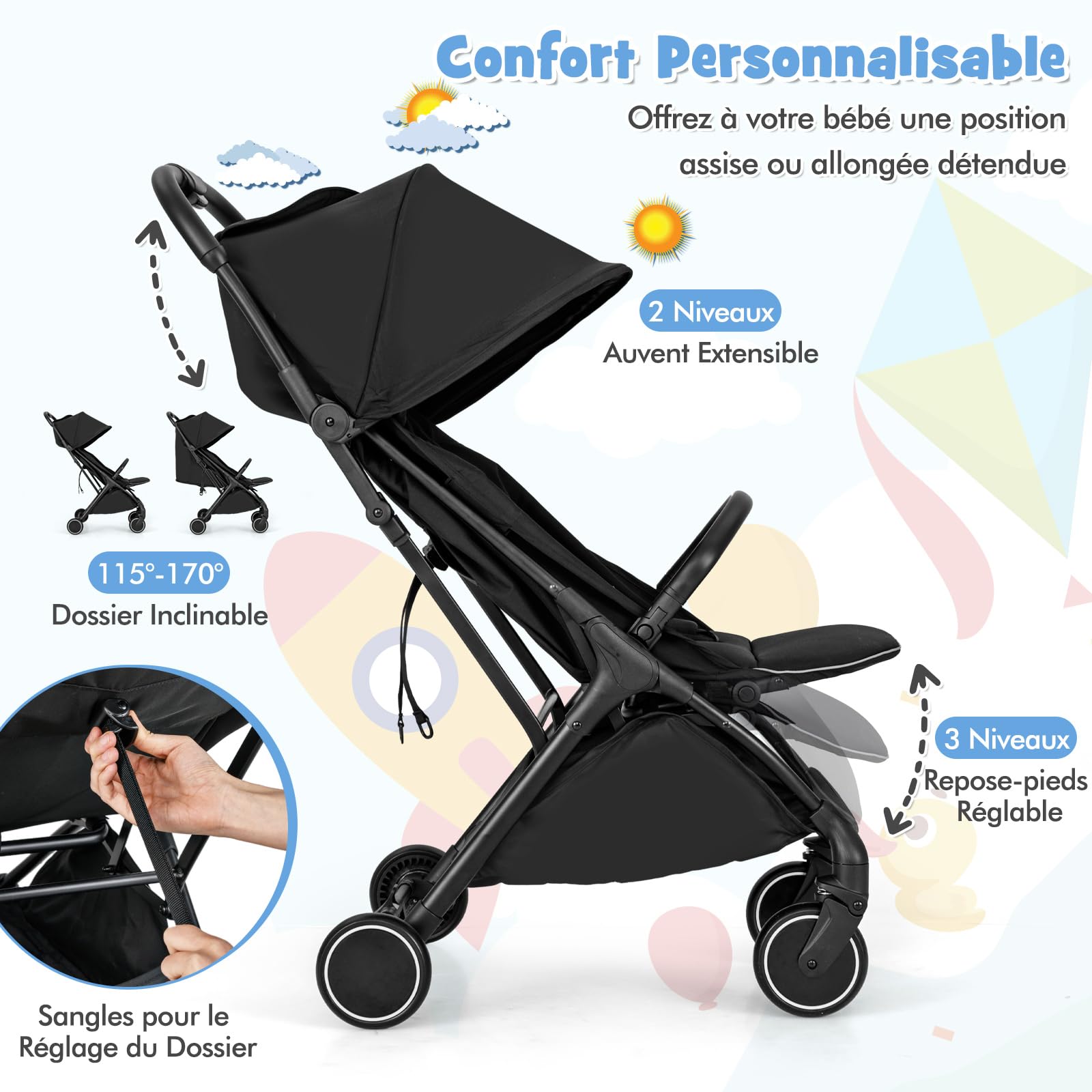 DREAMADE Poussette pour Bébé, Poussette Canne Ultra Compacte avec Harnais à 5 Points, Poussette Bébé Capote Grande avec Une Fenêtre, Pliage d'Une Main, Dossier Réglable, pour Enfant 0-3 Ans(Noir)