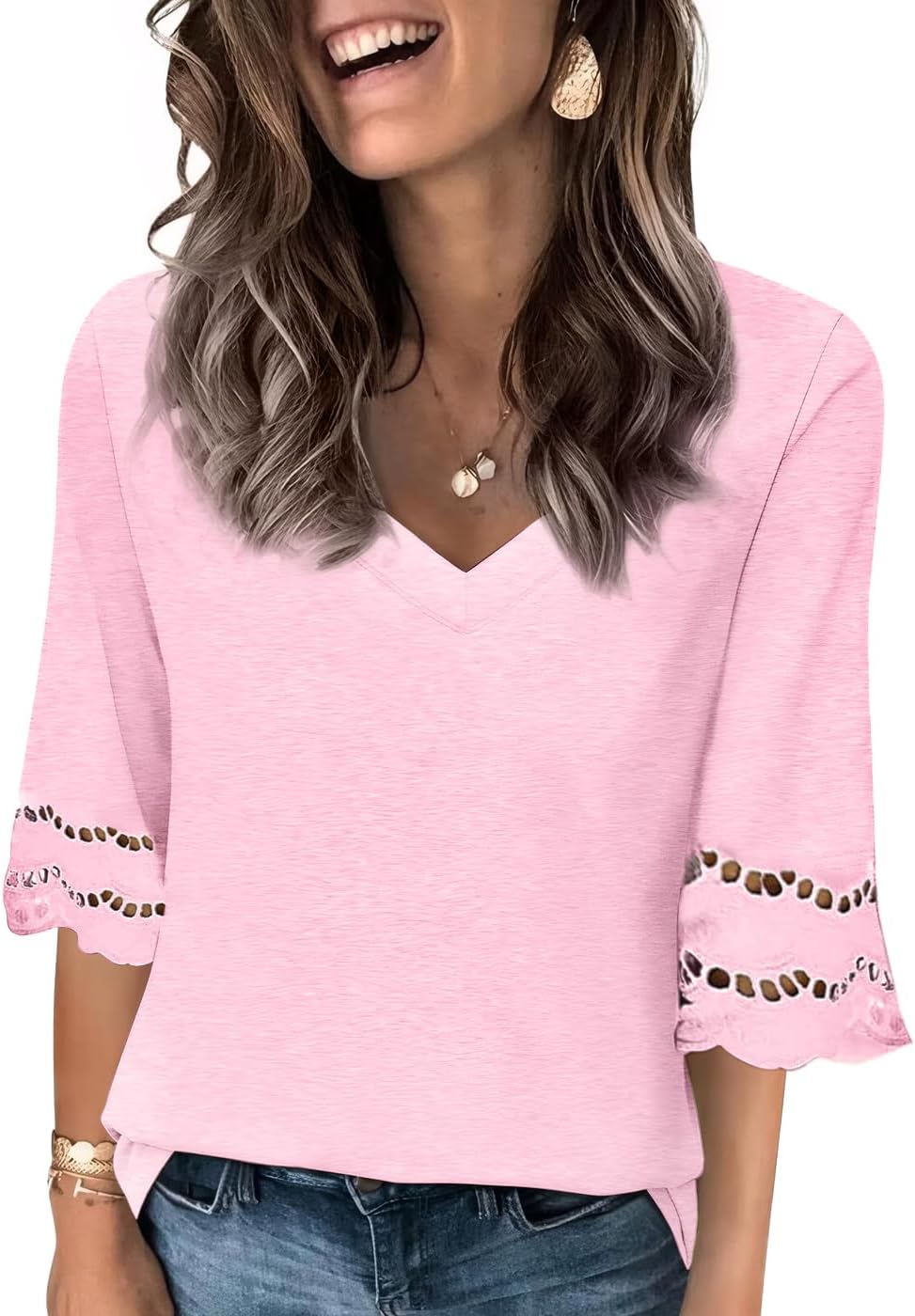 Women's V Neck 3/4 Lace Sleeve Tshirts Casual Summer Loose Fit Fashion Tops