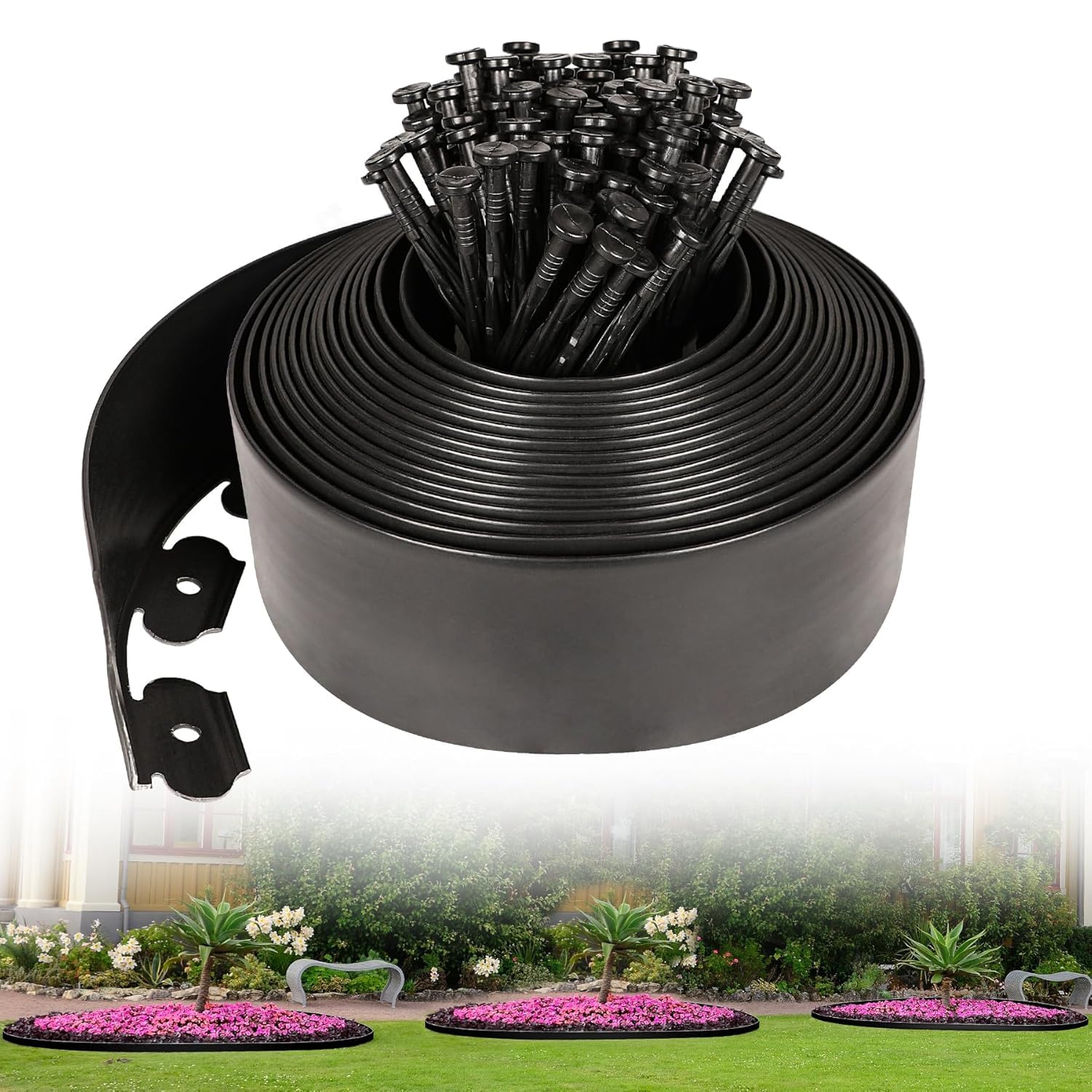 Garden Edging Border with 30 Fixing Stakes, 33FT Flexible Lawn Landscape Border Fence, Plastic Flower Bed Divider, Grass Edge Trim Roll for Garden Pathway, Yard, Lawn & Outdoor Decoration-image-18