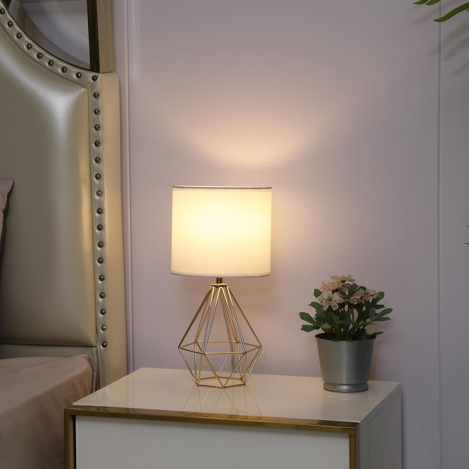 Small Gold Table Lamp Set of 2, Bedside Nightstand Lamps with White Fabric Shade,Hollow Metal Base, Desk lamp, Modern Geometric Table Lamp for Bedrooms, Living Room, Office