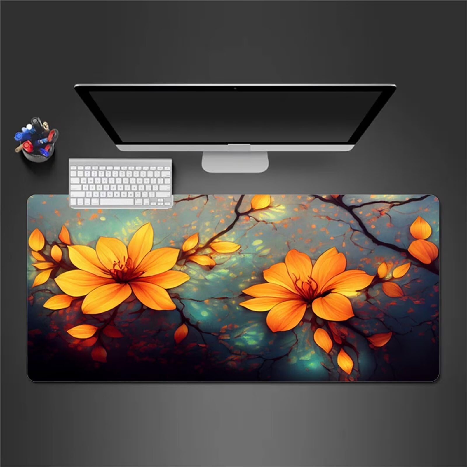 Alfombrilla Raton Gaming XXL 1200x600x2cm Alfombrilla de Ratón Grande Alfombrilla Gaming de Escritorio con Base Antideslizante para Gamers PC y Portátil (Flor Amarilla)
