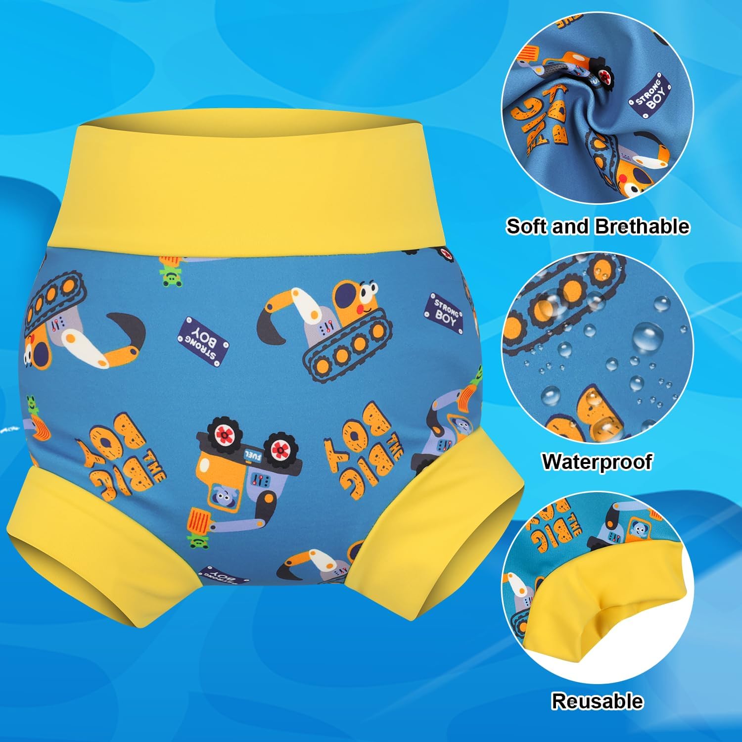 MooMoo Baby Swim Diapers 3 Pcs Waterproof Reusable Swimming Diapers for Baby Swim Lesson 2T-5T, Blue - Image 4