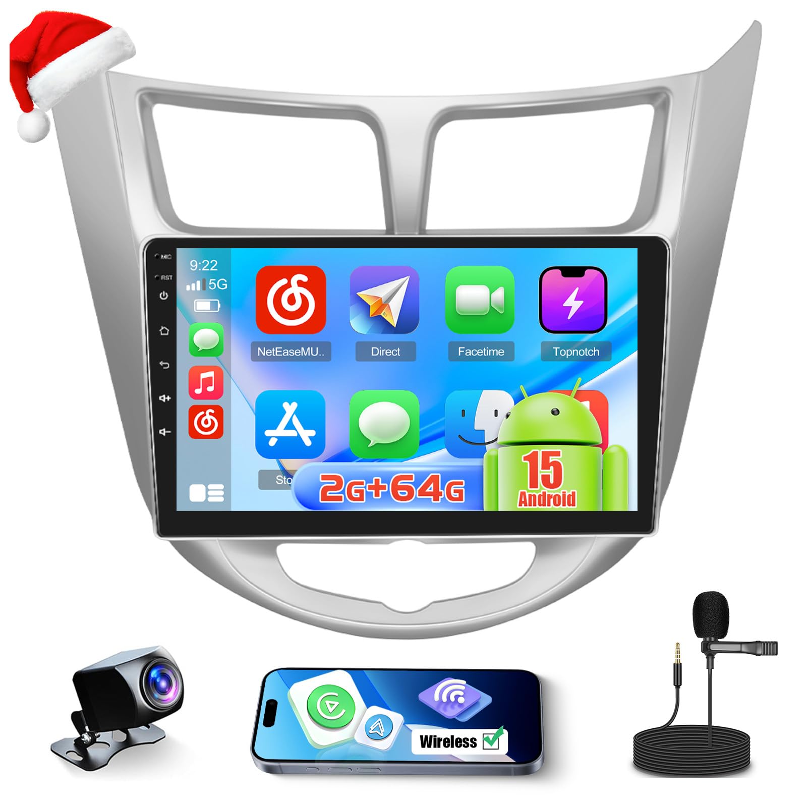 Android 15 Car Stereo for Hyundai Accent Verna Solaris 2010-2016 CarPlay Android Auto, 9 Inch Touch Screen for 2+64GB Accent Radio with GPS WiFi,