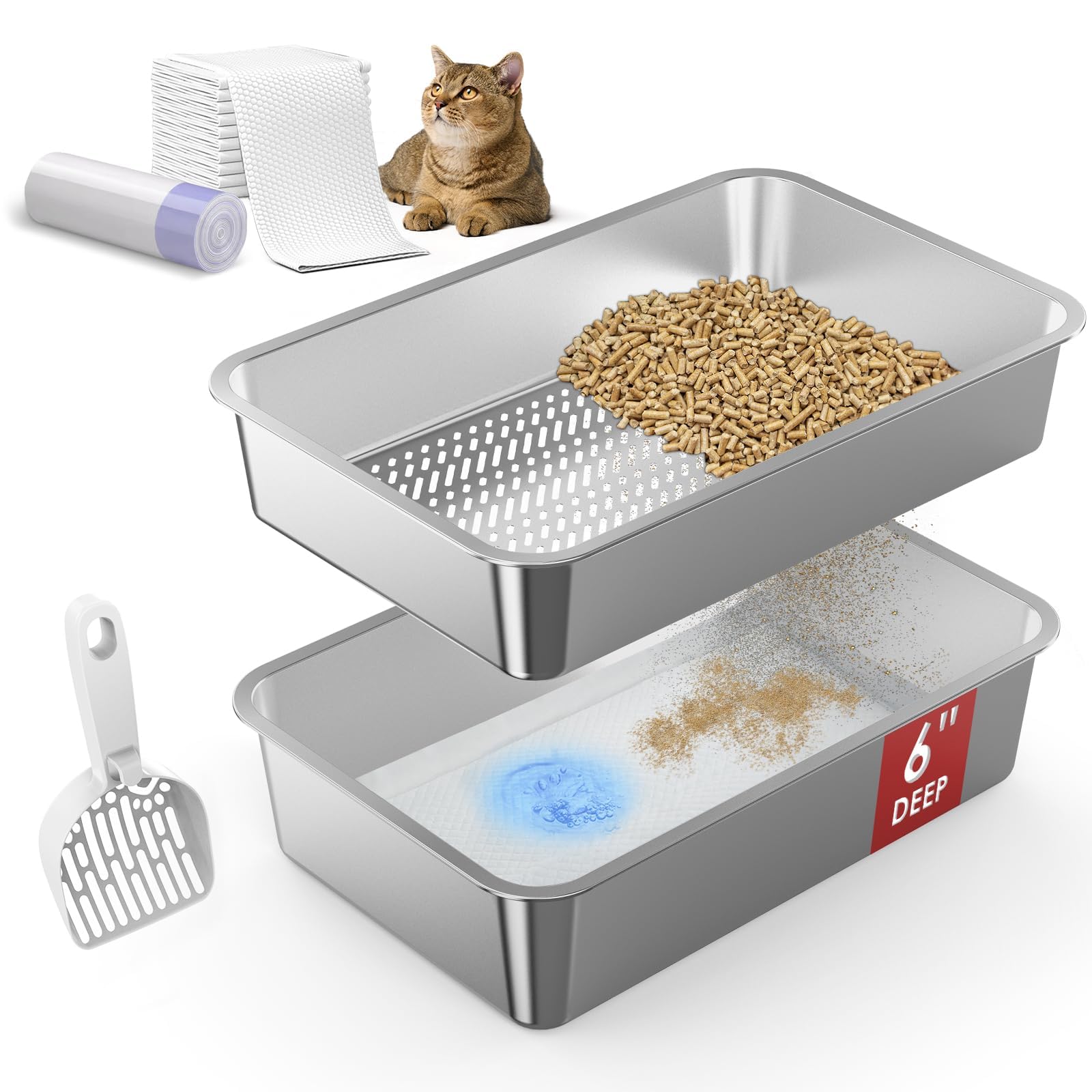 SuzziPaws XL Stainless Steel Sifting Litter Box for Pine Pellets Multi-Cats