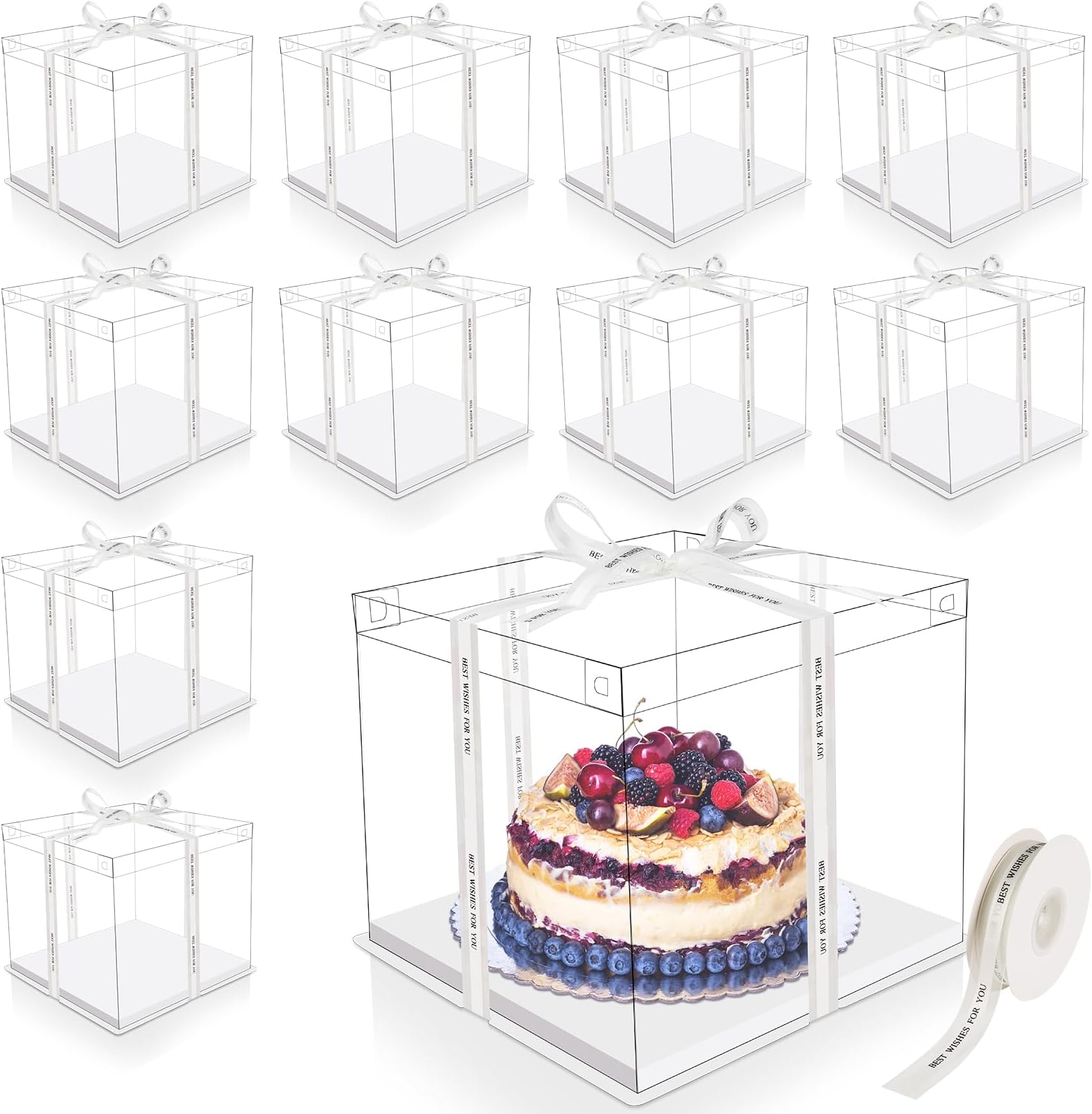 Maxdot 10 Pcs Transparent Tall Cake Boxes 12'' x 12'' x 10'' Large Clear Cake Box w/ Ribbon Cake Carrier PET Wedding Storage Container Gift Boxes Party B'day Dessert Display White (PAN-Maxdot-100)