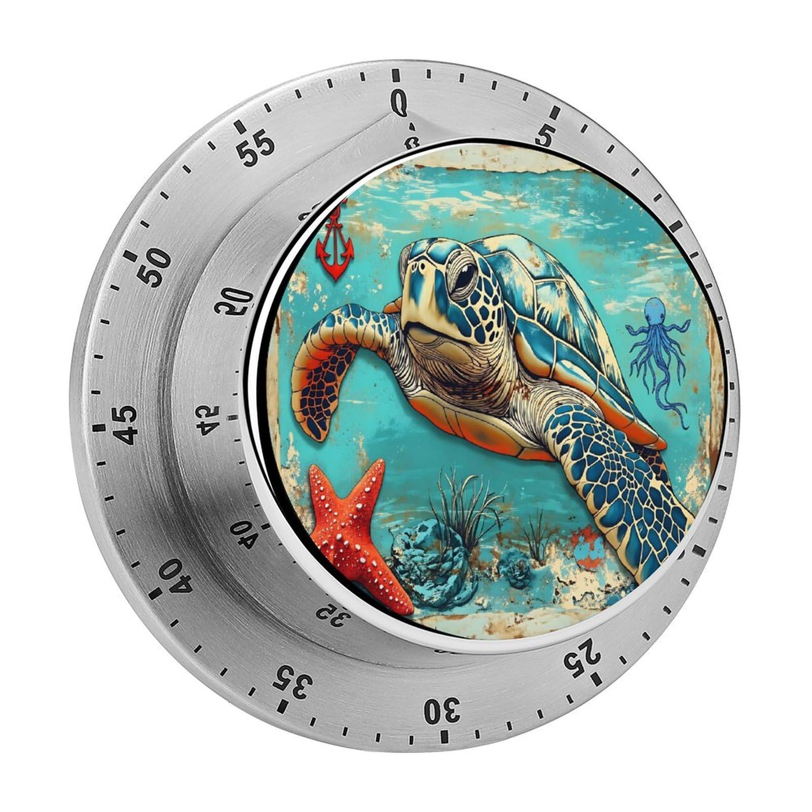 Vintage Sea Turtle Nautical 60 Minute Wind Up Timer,Visual Mechanical Magnetic Timer with Loud Alarm for Kitchen