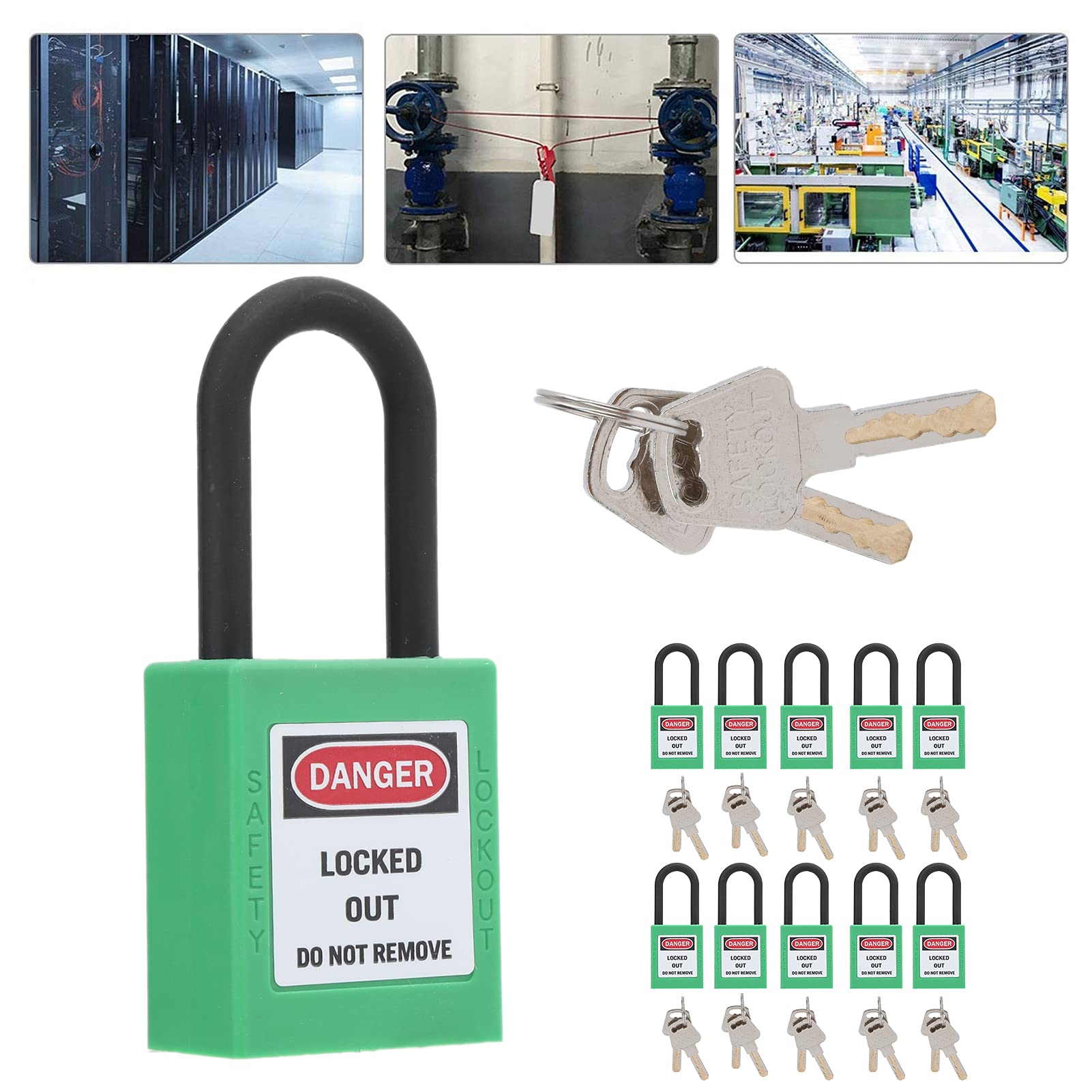 Lockout Tagout Serrures 10Set Cadenas de Sécurité 2 Clés par Serrure Isolation D'ingénierie Résistance au Dérapage pour les Usines Chantiers de Construction Hôpitaux(vert)