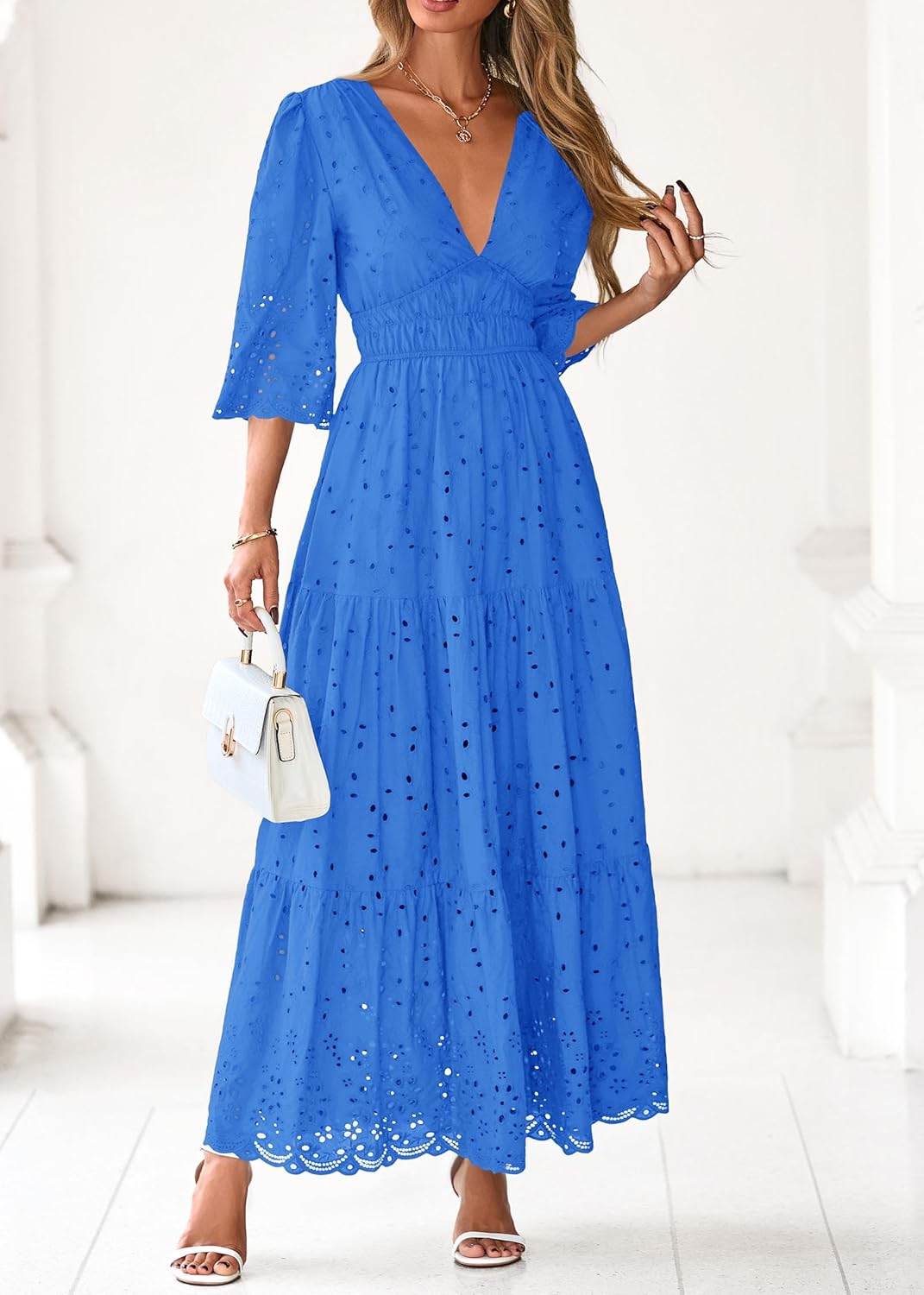 Lazysmile Long Sleeve Dresses for Women V Neck Hollow Out Eyelet Ruffle Swing A-Line Fall Vacation Boho Maxi Dress - Image 8