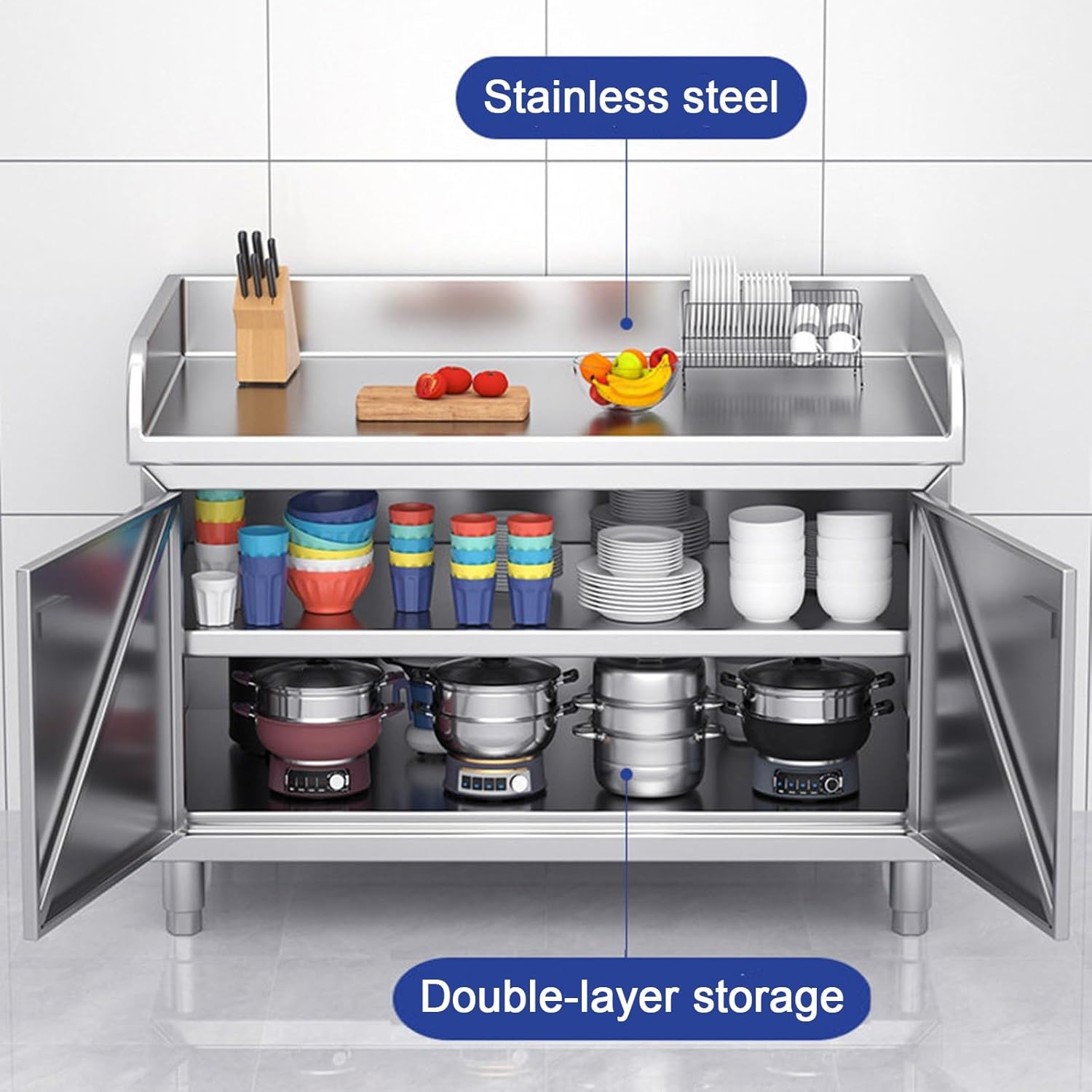 Stainless Steel Kitchen Workbench with Double-Door Storage Cabinet Recessed Door Handles Work Table with Three-Sided Splash Guard Adjustable Legs Suitable for Warehouses and Restaurants