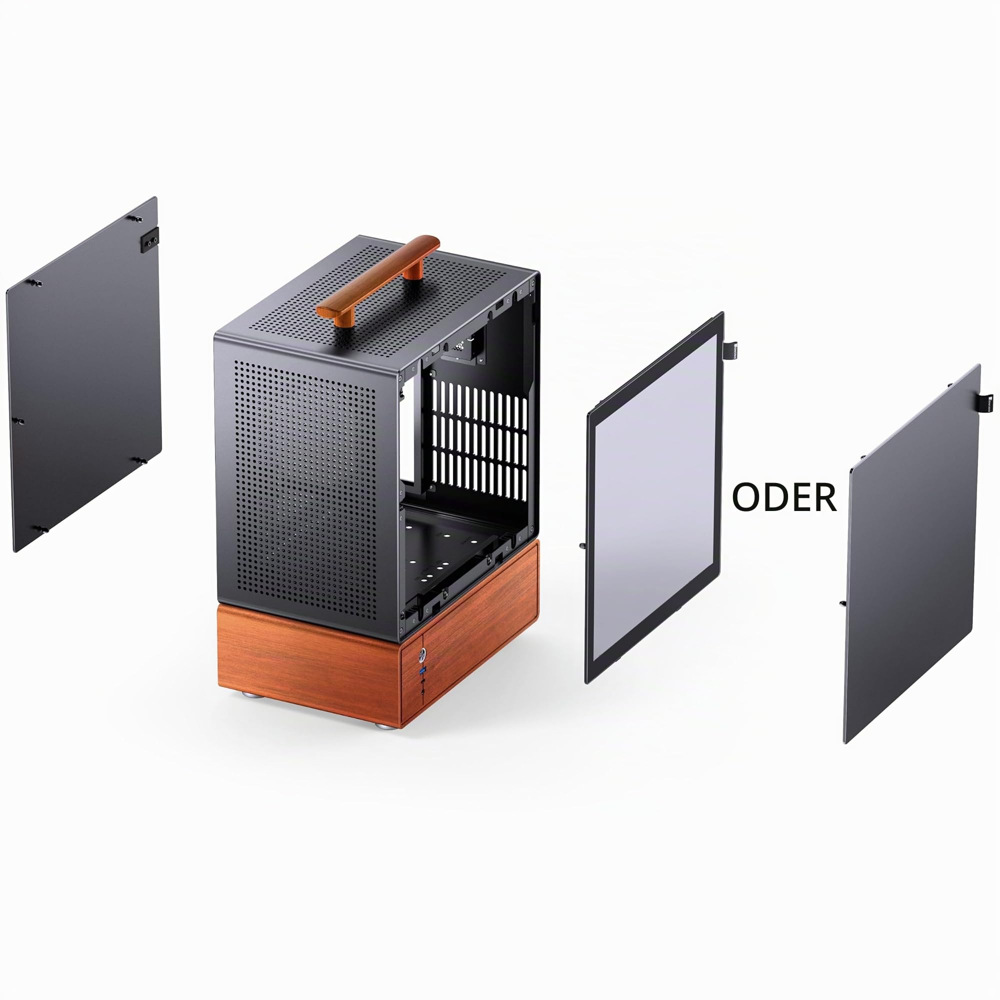 Jonsbo T7 Micro-ATX PC-Gehäuse – Schwarz | mATX Case mit Aluminium & Holzgriff, Tempered Glass, Zwei-Kammer-Design, USB-C