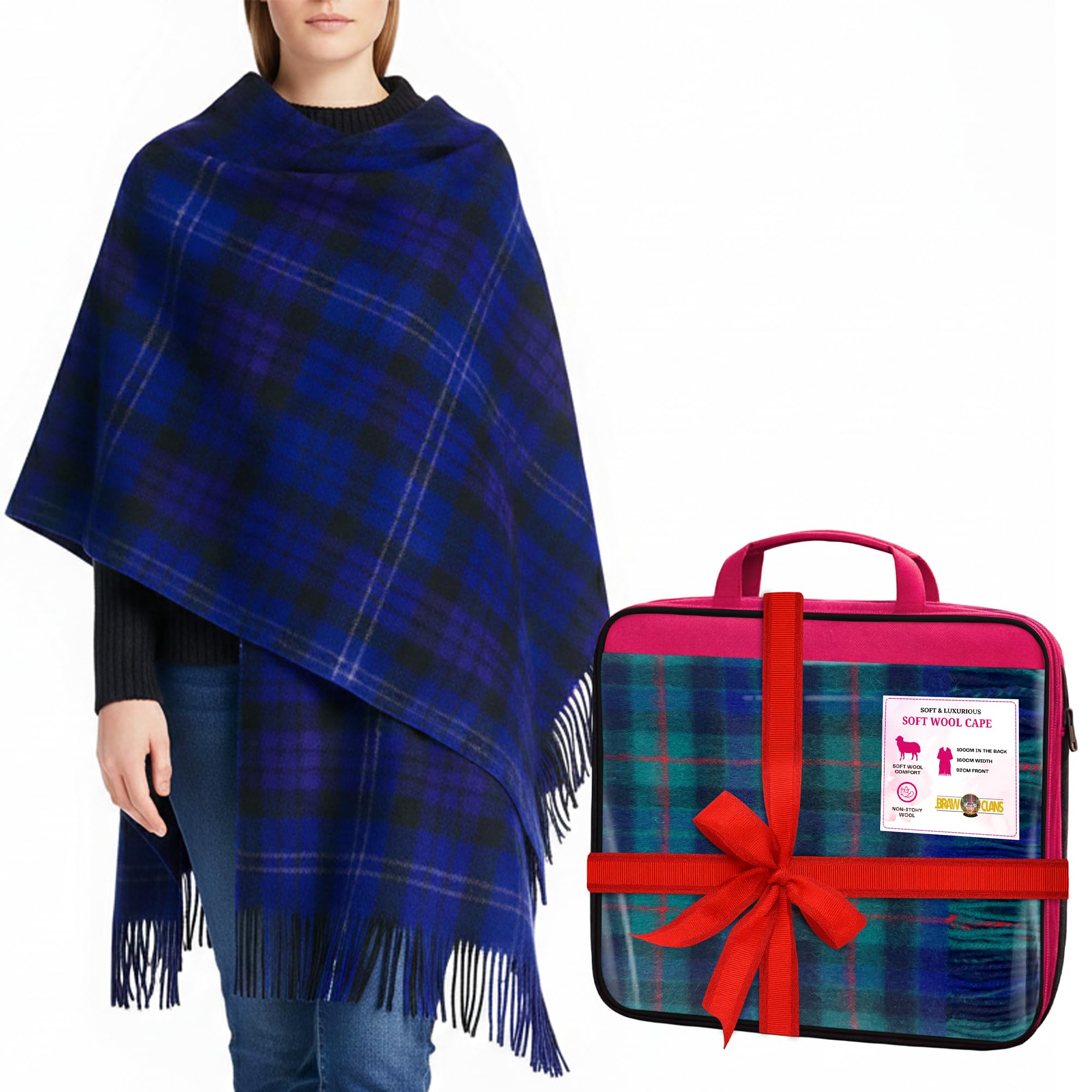BRAW CLANS TARTANS Soft wool Tartan Poncho Blanket cape made in Scotland - Ruana cloak style - full body shawl - Mothers day Gift - Home, Travel, Camping - Heritage of Scotland Tartan