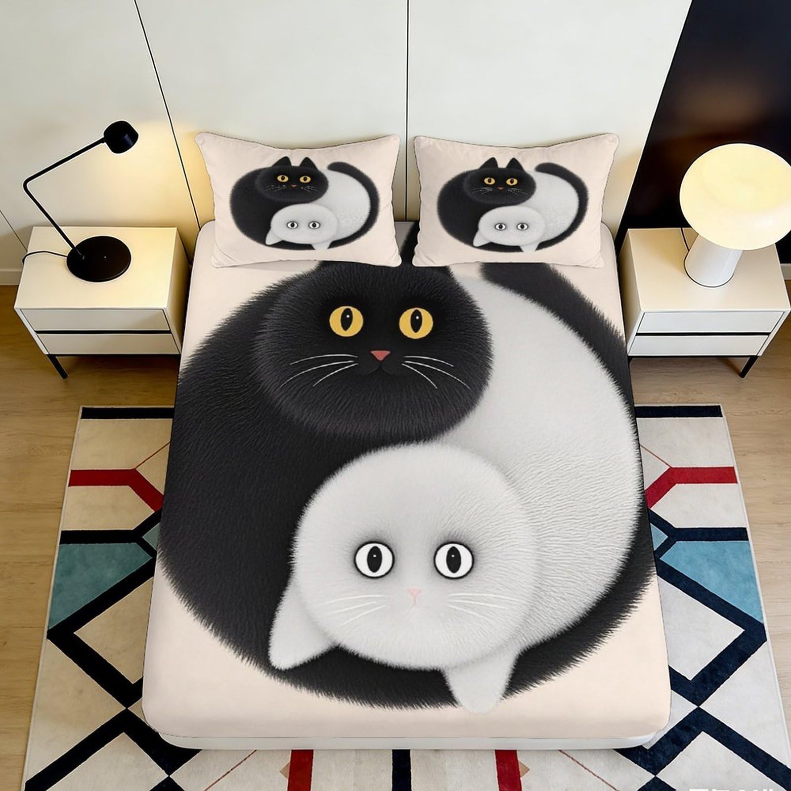 3D Printed Yin Yang Cat Fitted Sheet Microfiber Soft Black White Cat Bed Cover for Bedroom Dorm Mattress Protection Decor 90x200x25cm