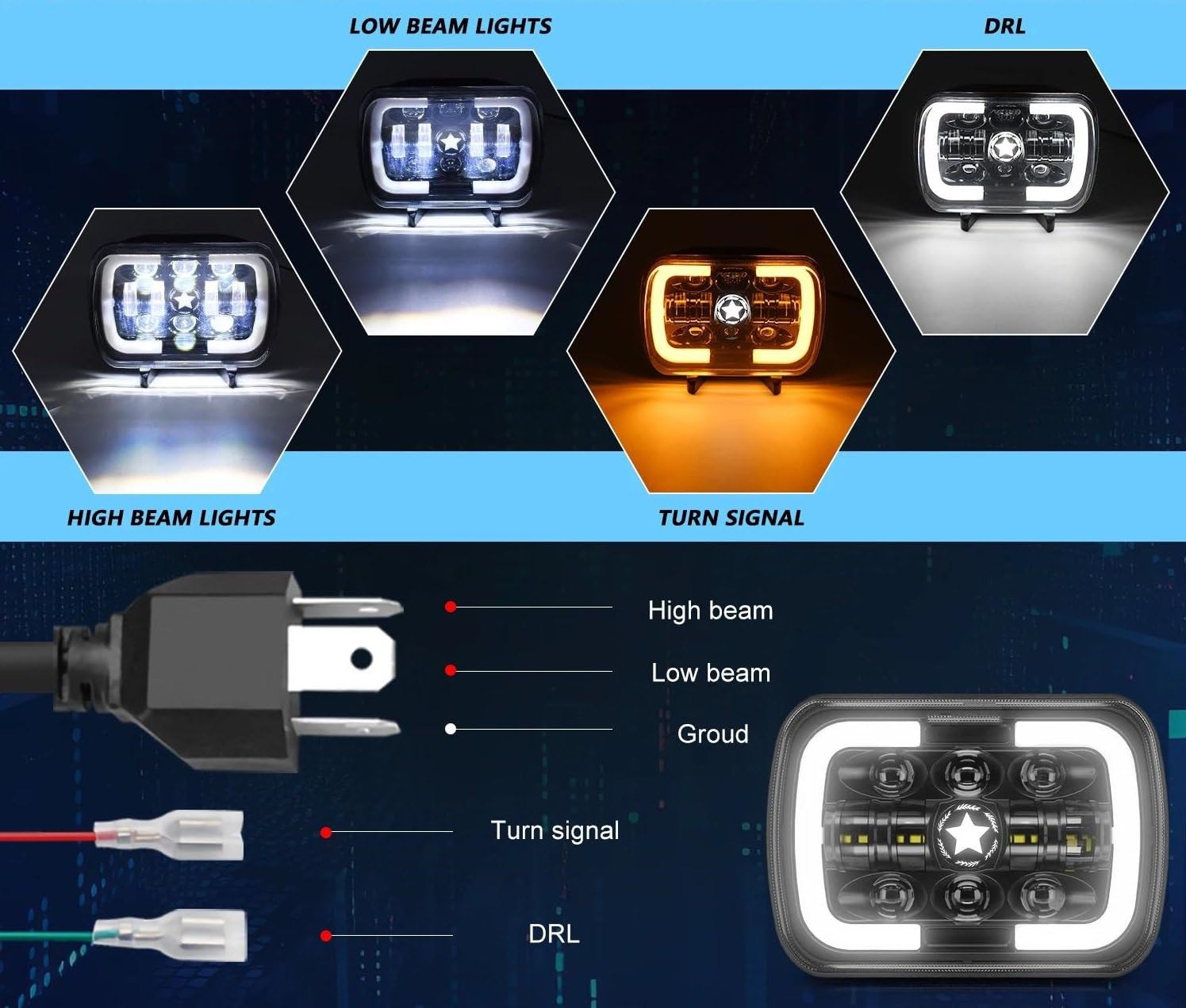 Faro LED 7x6 5x7 Pulgadas para Wrangler Offroad 4x4 Luz para Coche Faro Cuadrado 32V 200W 30000LM Luz LED DRL Intermitentes Altos Y Bajos Conjunto Faros Delanteros(2 Pcs)