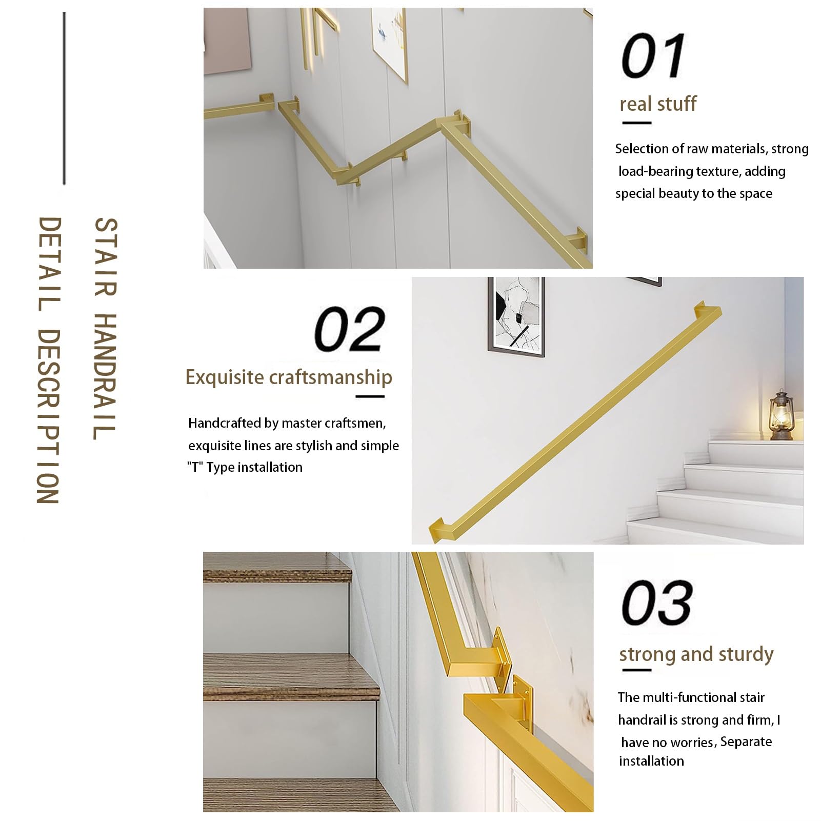 Trapleuning Leuning - Complete Kit, Trap Industriële Gouden Pijp Leuning met Wandmontage Ondersteuning, Thuis Tegen De Muur Binnen en Buiten Loft Ouderen Leuningen (Maat: 4,9 m