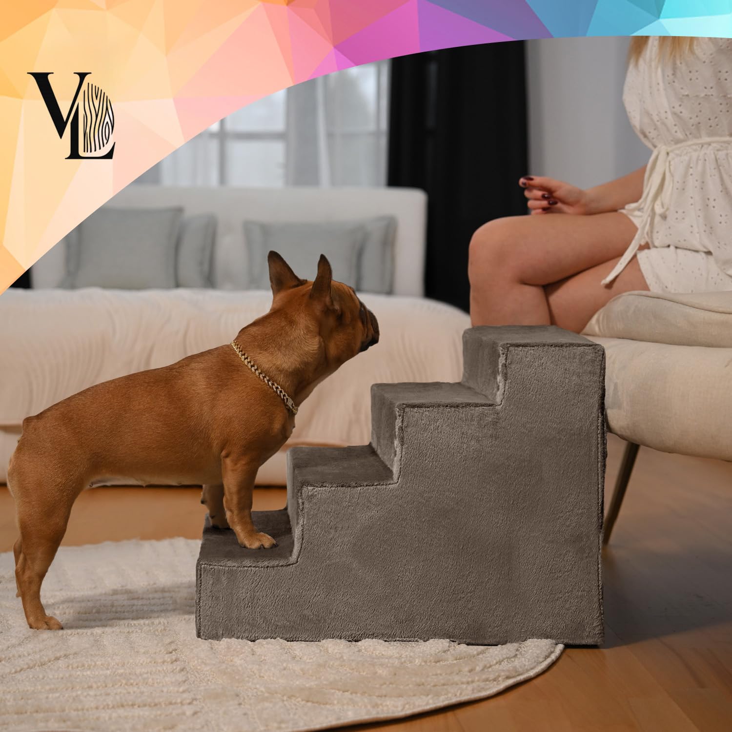 VELORA H&L Hundetreppe 4 Stufen Hellbraun - Stabile Holzkonstruktion mit Veloursbezug, rutschfeste Hundetreppe für Sofa und Bett, Haustiertreppe für Hunde und Katzen, Belastbar bis 80 kg