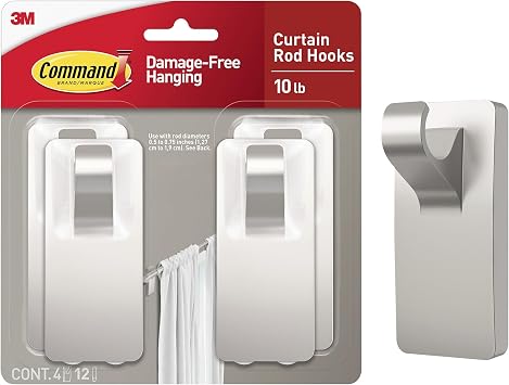 Command Medium Satin Nickel Hooks, 4 Hooks, 12 Strips, No Drilling Home Decor and Room Decor, Use with Rod Diameters 0.5-0.75", Holds up to 10 lb