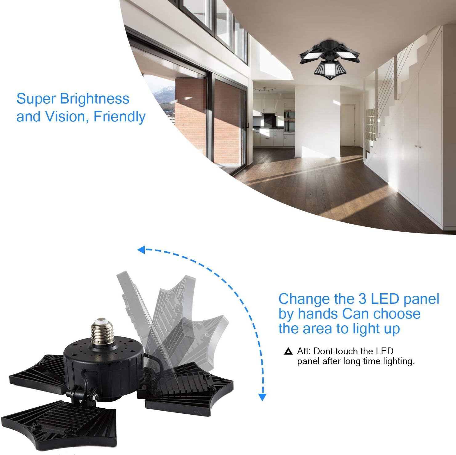 80W LED Garage Light, Deformable LED Garage Ceiling Lights with 3 Adjustable Wings, 8000LM, E26 LED Garage Lighting for Warehouse, Workshop, Basement (No Motion Detection) (1 Pack)