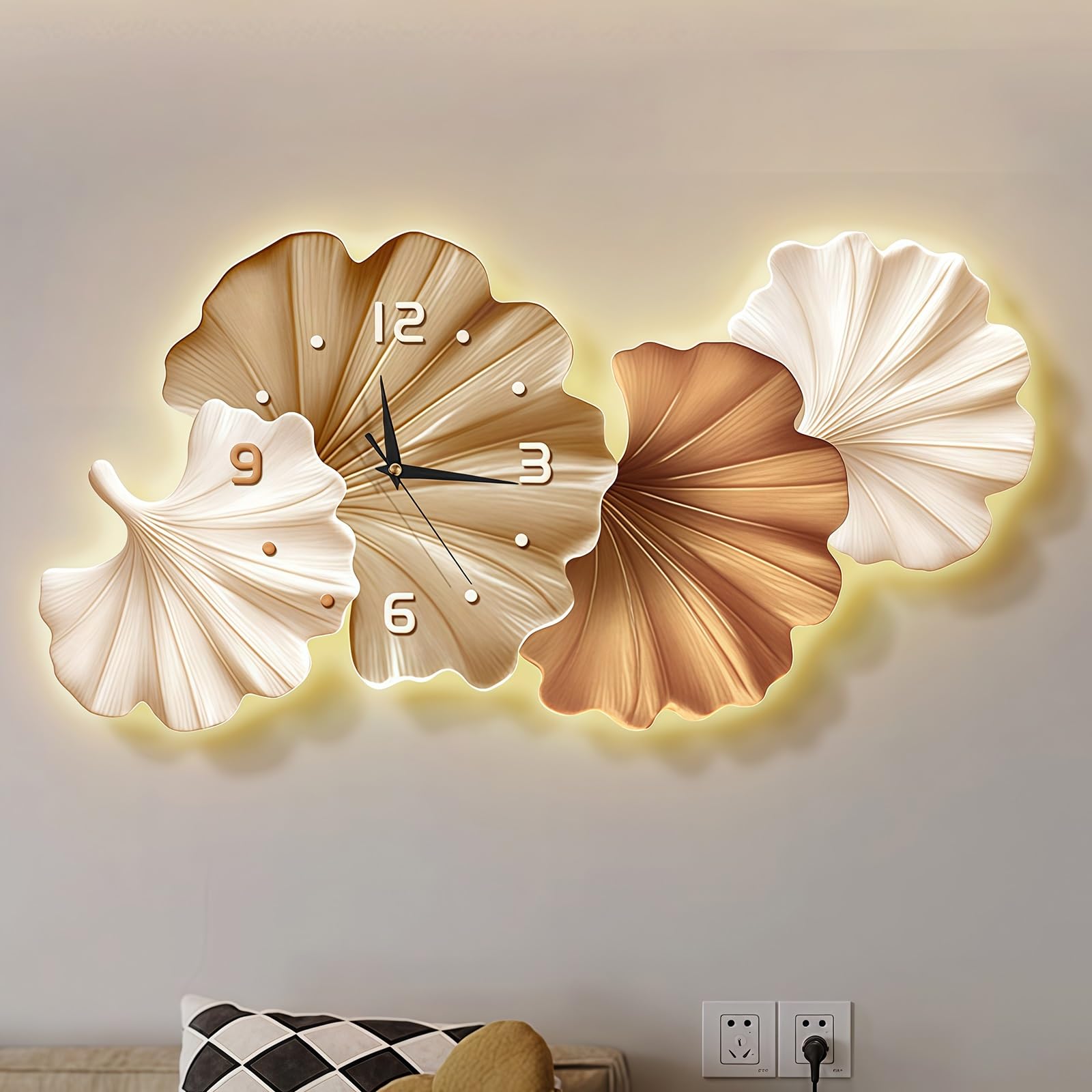 Orologio da Parete Grande 3D LED Dimmerabile, Decorazione Parete Moderna Foglie di Ginkgo in Metallo, Orologio Silenzioso per Soggiorno, Camera da Letto, Casa Aesthetic(Style A,100*55cm/39.4*21.7in)