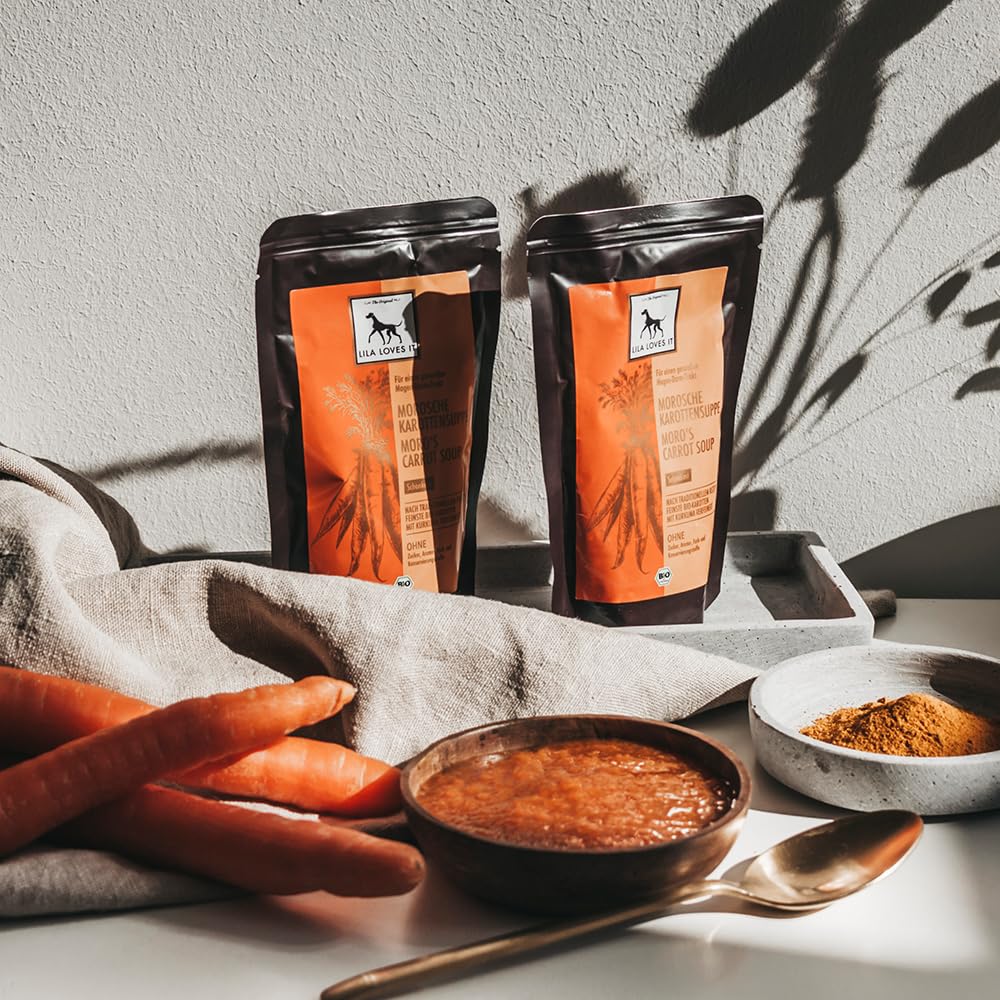 LILA LOVES IT Bio Morosche Karottensuppe für Hunde – altbewährtem Hausrezept, beruhigt den Magen-Darm-Trakt, vegan, Bio MOROSCHE KAROTTENSUPPE, 18 x 130ml Beutel