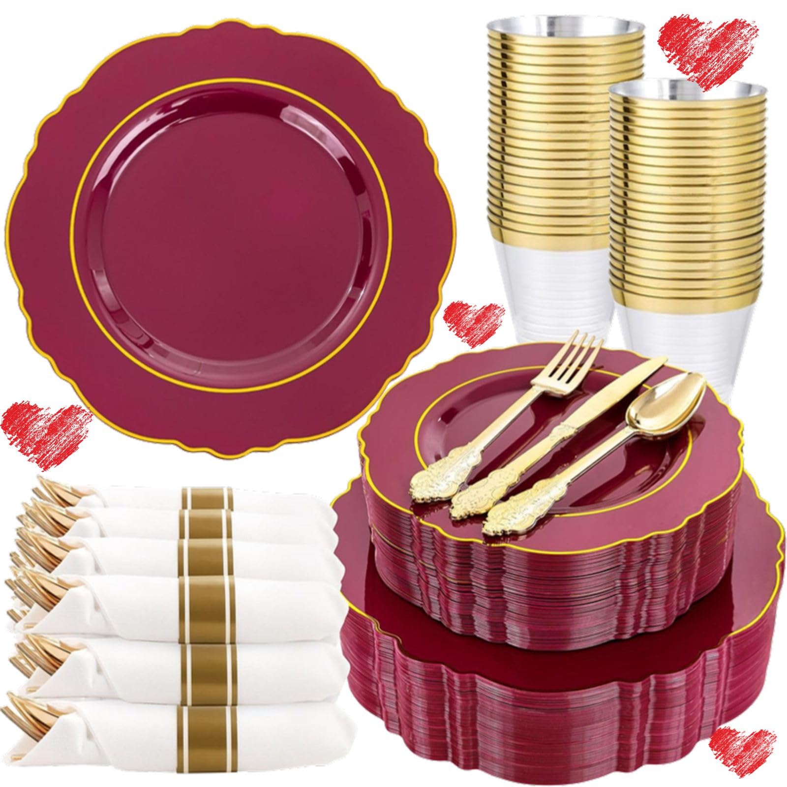 Liacere 350PCS Red Plastic Plates-Disposable Burgundy Red and Gold Plates 50guest Baroque Plastic Dinnerware include 100Plates, 50Pack Pre Rolled