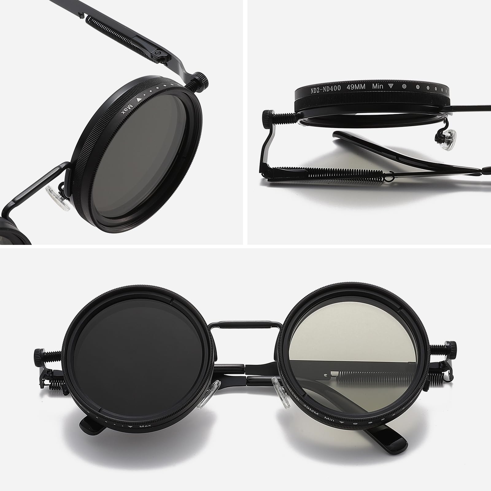JOLLYNOVA Lunettes de soleil teintées réglables, verres polarisés ronds en métal Steampunk rétro avec filtre ND