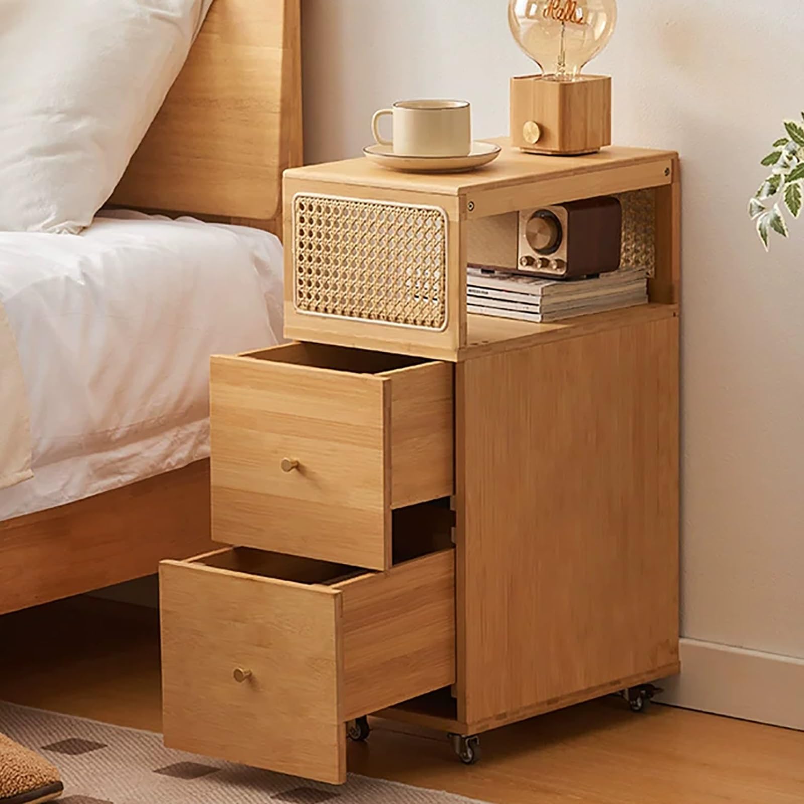 SXZenSpace Nightstand with Movable Casters, Solid Wood Bedside Table 2 Drawers and Open Shelf, Cane Accent End