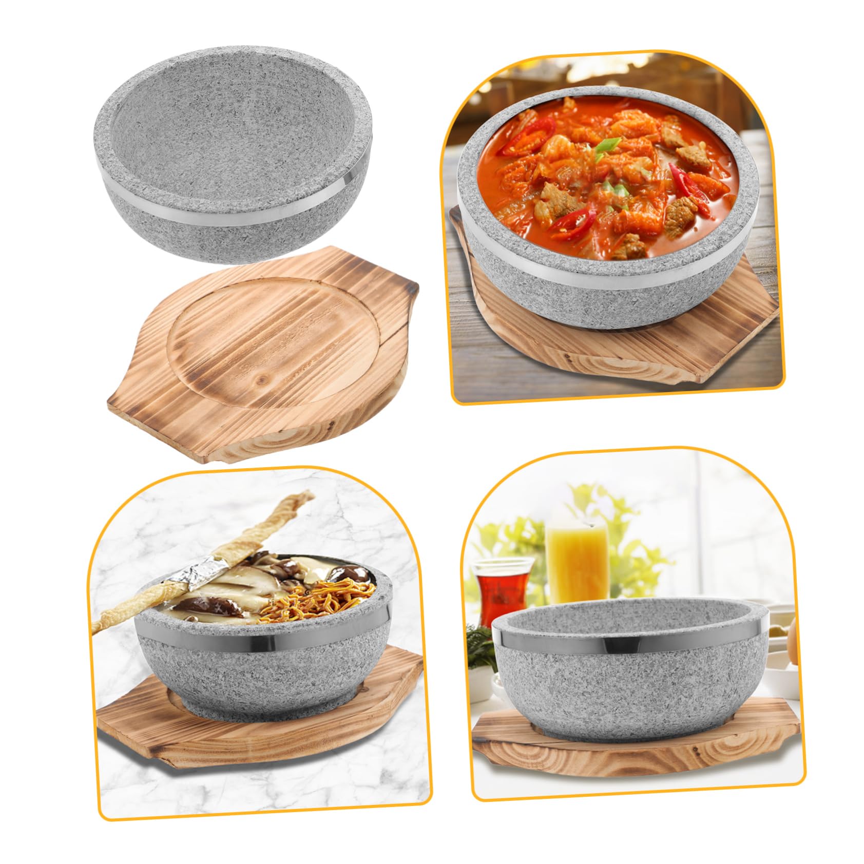 PRETYZOOM Bol Coréen en Pierre Naturelle 7,70 po – Chaleur Retenue Efficacement pour Bibimbap & Soupes Coréennes – avec Plateau en Bois Carbonisé pour Cuisine Traditionnelle & Restaurants