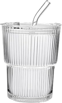 13oz/400ML Glass Tumbler with Straw and Lid Ribbed Vertical Ice Coffee Cups Sealed Carry on for Coffee Iced Tea, Thick Wall Glassware Tumbler Water Glass