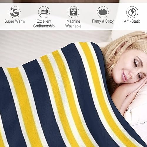 Miniatura 4 de Manta de rayas náuticas amarillas y azul marino con diseño de rayas retro para sofá de 60 x 80 pulgadas, acogedora manta de cama de franela para
