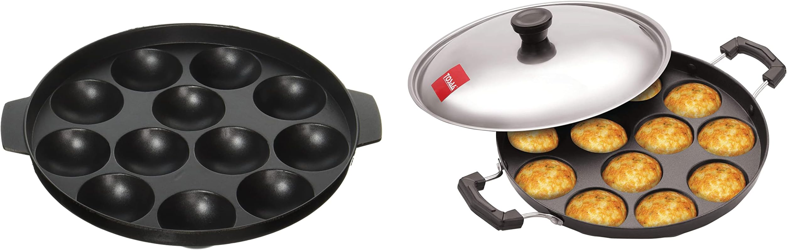 Tosaa Aluminium 12 Cavity Appam Patra Side Handle with Lid, 23 cm, Black & Non-Stick 12 Cavity Appam Patra, 21cm Combo