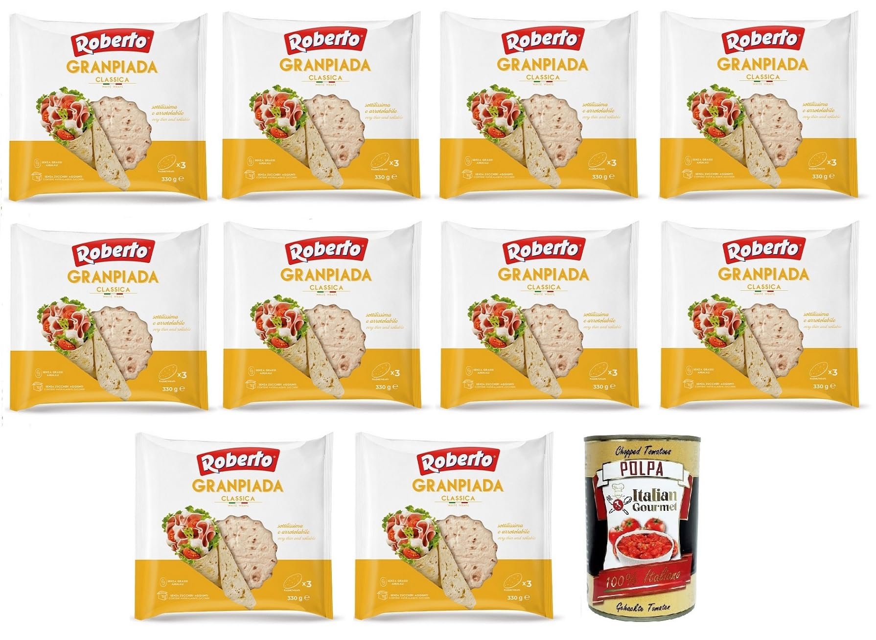 10x Roberto GranPiada Classica,Dünnes und Duftendes Piadina Brot,Packung mit 330g, Jede Packung enthält 3 Wraps + Italian Gourmet Polpa di Pomodoro 400g Dose