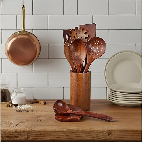 Miniatura 3 de Juego de utensilios de madera de 9 piezas, hechos a mano, resistentes al calor, antiarañazos y fáciles de limpiar, herramientas de cocina de madera