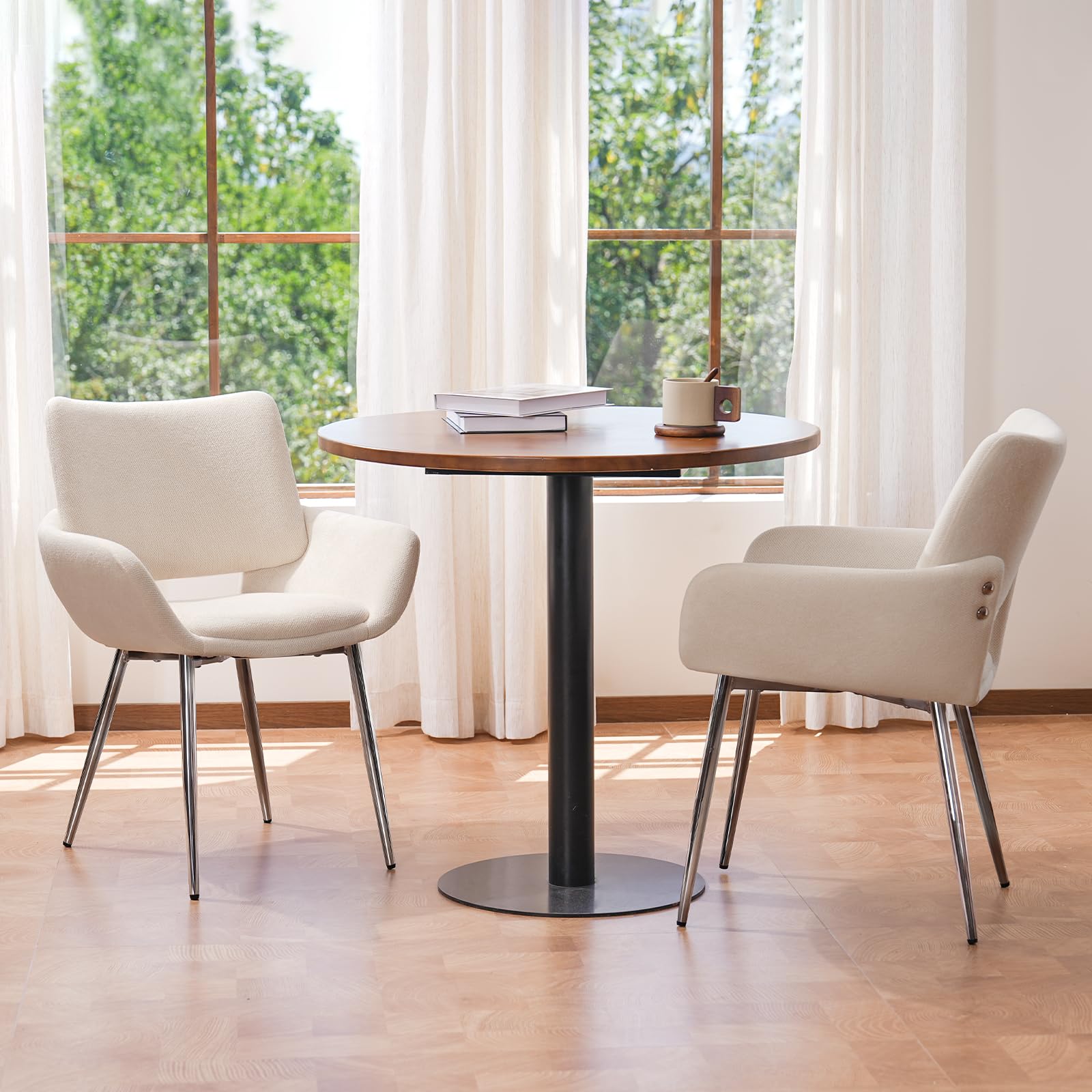 ELUCHANG 4 Sillas de Comedor, Chenilla​ Blanco Hueso, con Respaldo y Reposabrazos,Patas metálicas, para Comedor, Tocador, Cocina, Estables 150 kg