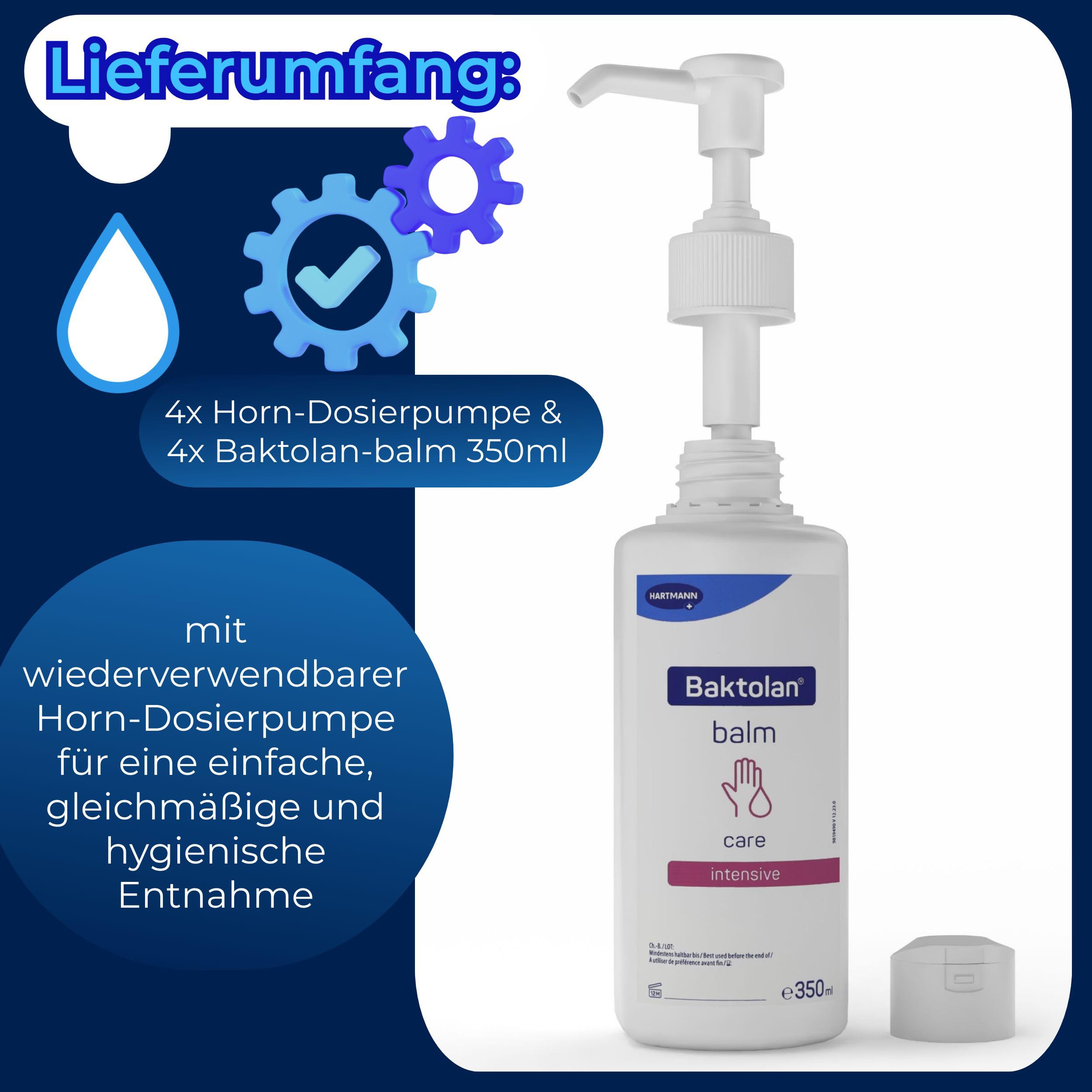 Dosierpumpe mit intensiv pflegendem Wasser-in-Öl Hautbalsam Baktolan Balm (4 x 350 ml)