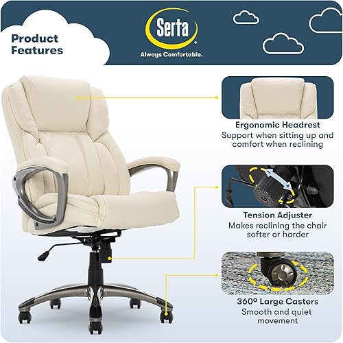Miniatura 3 de Serta Silla ergonómica ajustable de oficina ejecutiva con almohadas corporales en capas borde del asiento de cascada cuero adherido blanco marfil