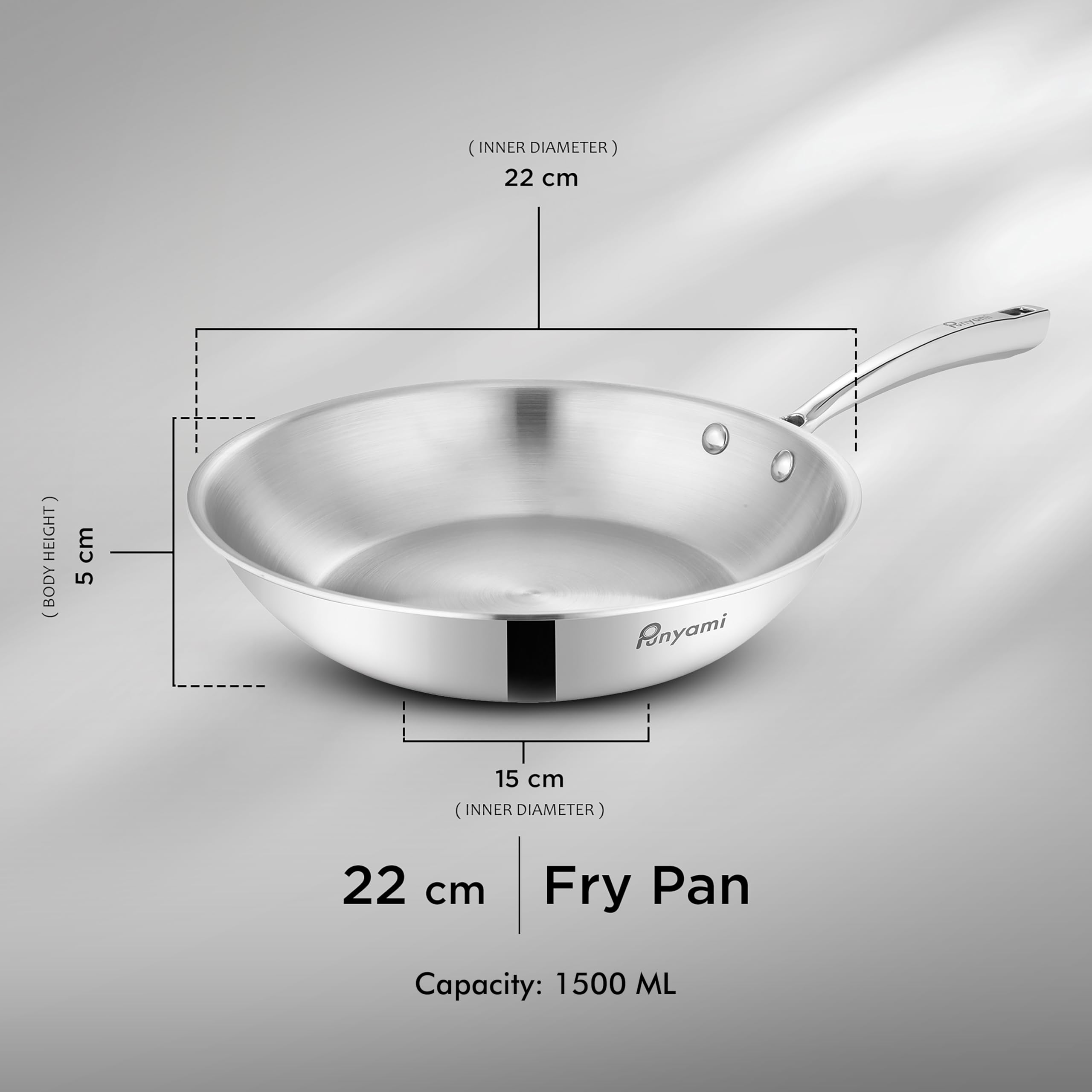 Triply Stainless Steel Frying Pan (22cm, 1.5L), 2.5mm Heavy Duty Induction Bottom Skillet with Riveted Handle, Chemical-Free Uncoated Healthy Cookware, 5 Years Warranty, Silver — Amazon image 3